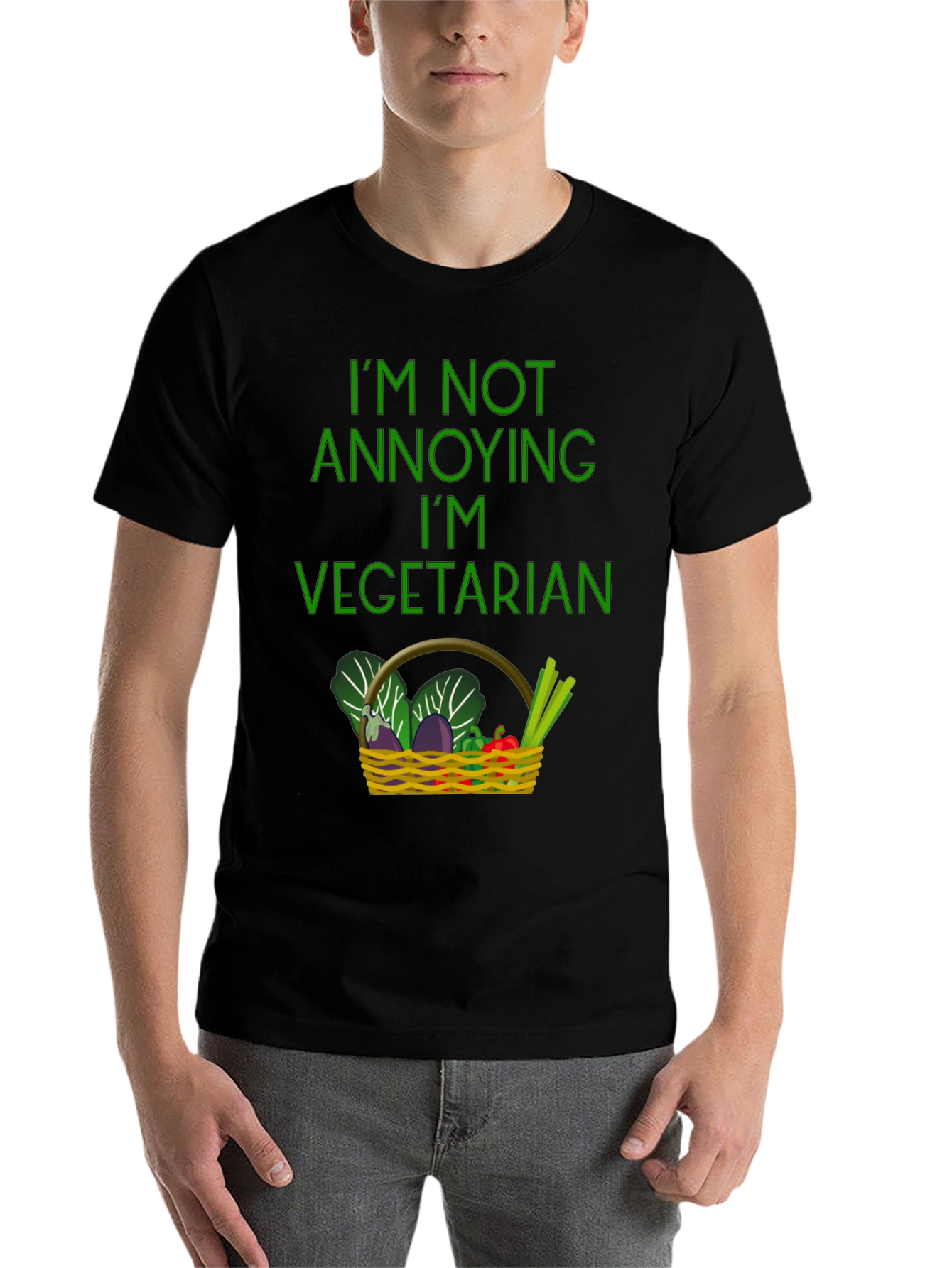 Black Funny Vegetarian T-Shirt - Basket of Veggies view 7