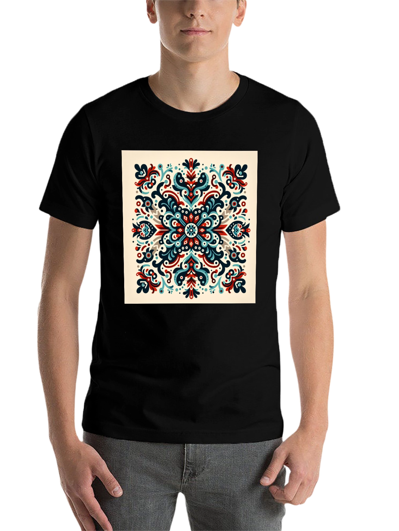 Black Ornamental Mandala Graphic Print Black T-Shirt view 7