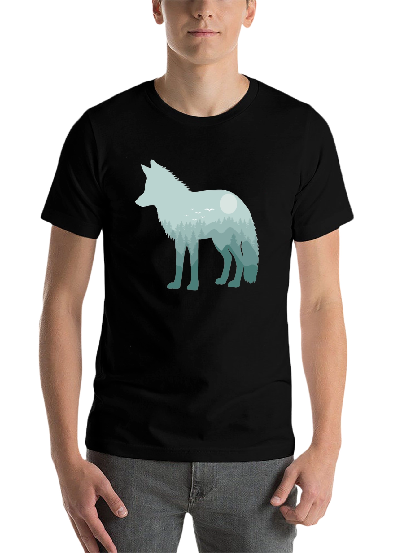 Black Wolf Nature Scene Graphic Tee - Unisex Black T-Shirt view 7