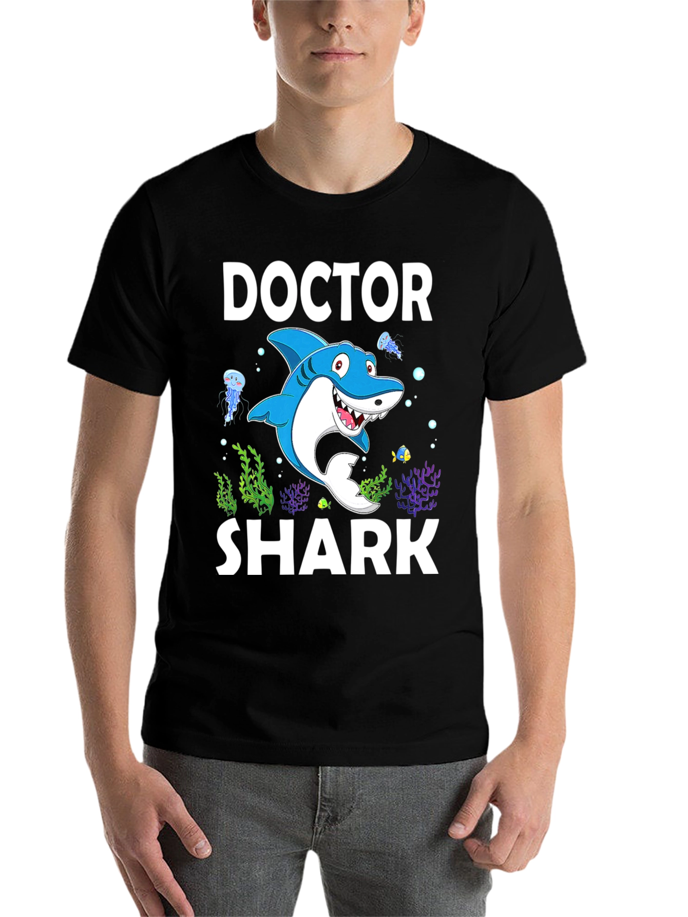 Black Doctor Shark Graphic Tee - Funny Cartoon Shirt view 7