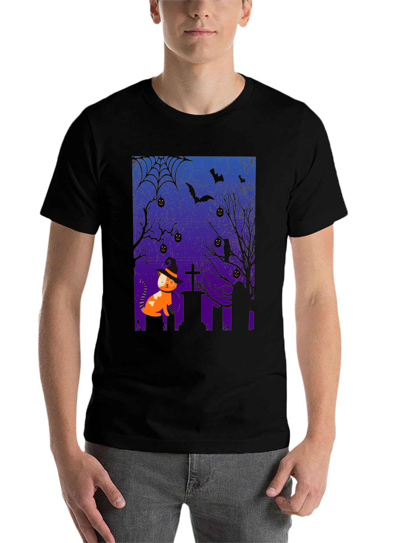 Black Halloween Cat T-Shirt - Spooky Graveyard Design view 7
