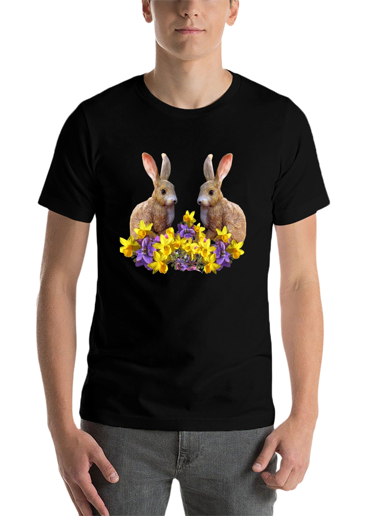 Black Bunny & Floral Print Black T-Shirt view 7