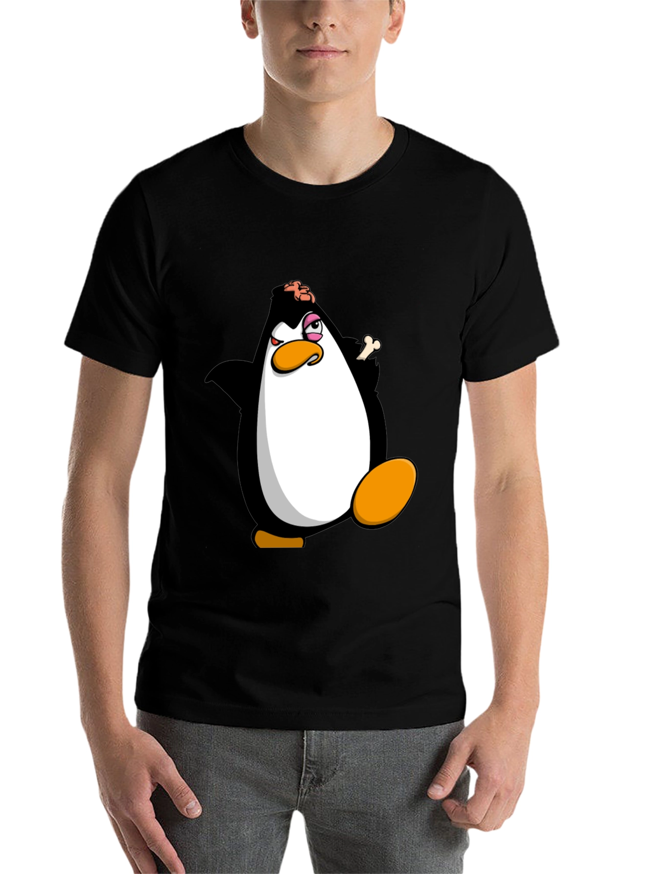 Black Funny Penguin Cartoon Graphic Print Black T-Shirt view 7