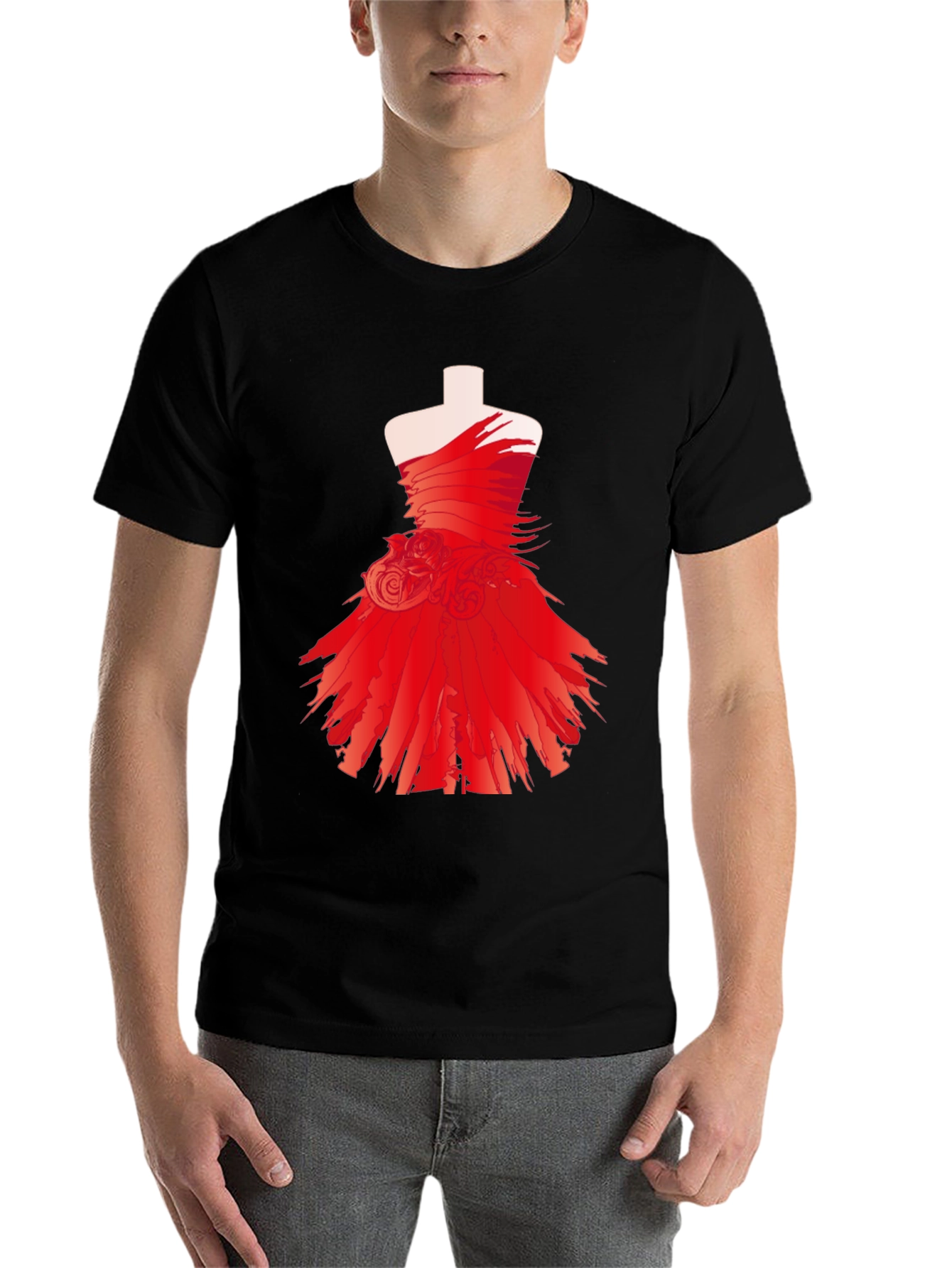 Black Statement Black Tee with Red Dress Design view 7