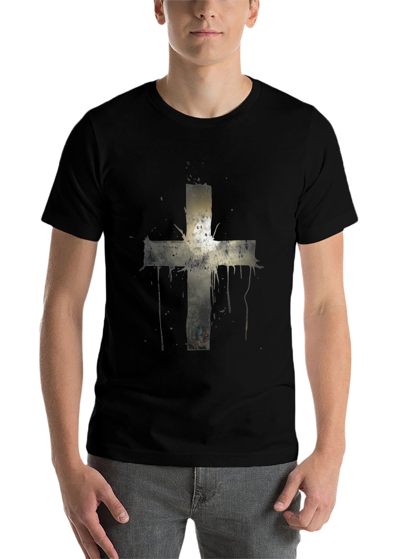 Black Grunge Cross Graphic Print Tee - Black view 7