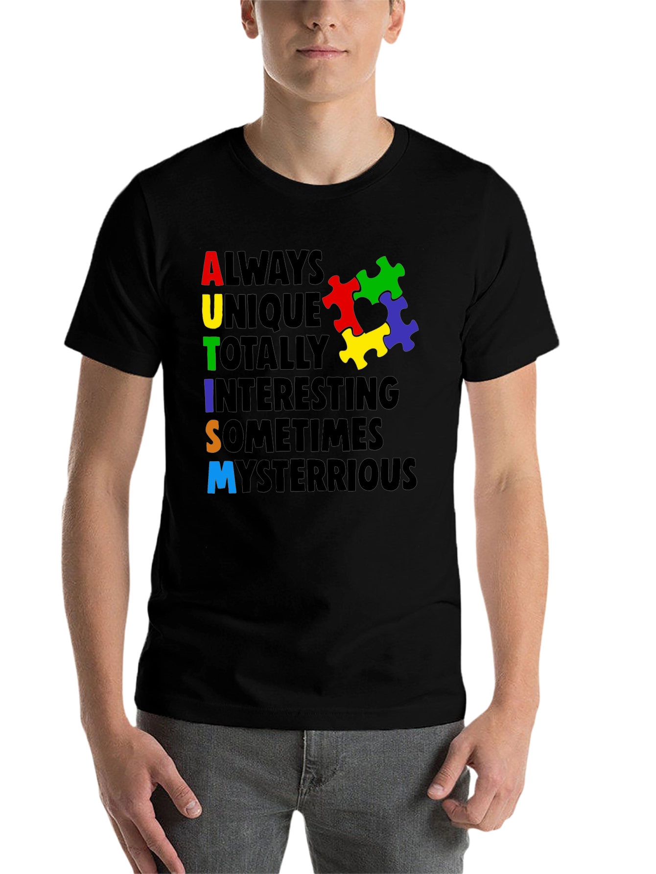 Black Autism Awareness T-Shirt - Colorful Puzzle Design view 7