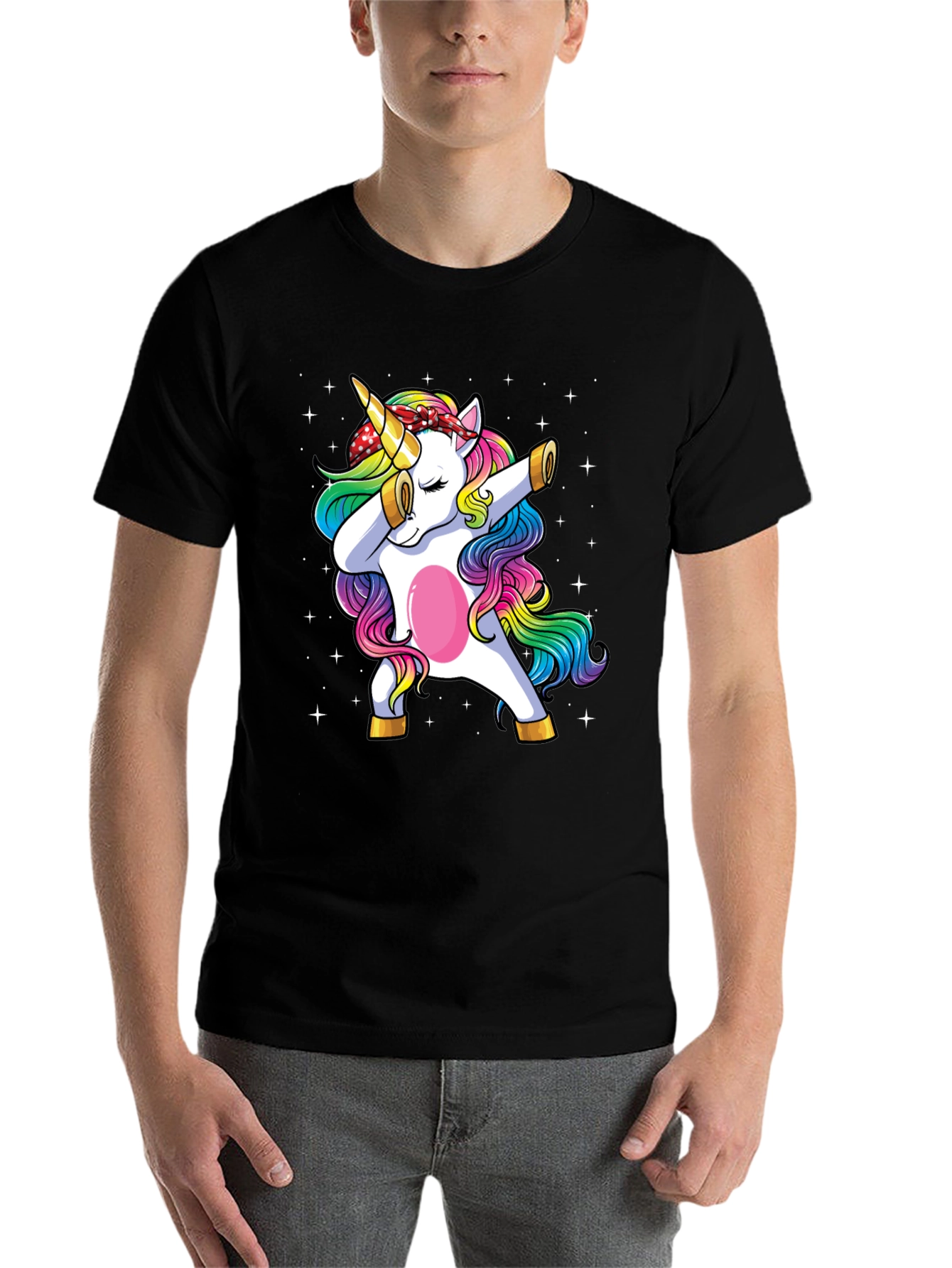Black Dabbing Unicorn Graphic Tee - Men's Black T-Shirt view 7