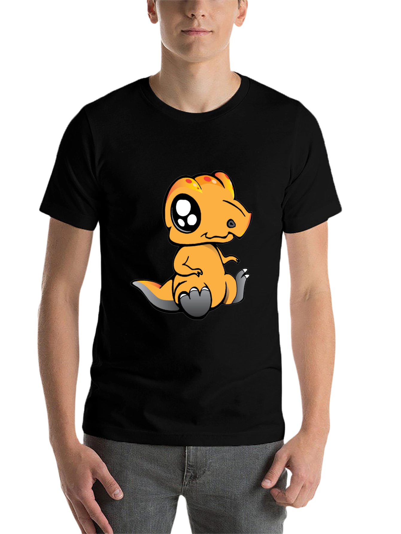 Black Cartoon Dinosaur Graphic Tee - Black Cotton T-Shirt view 7