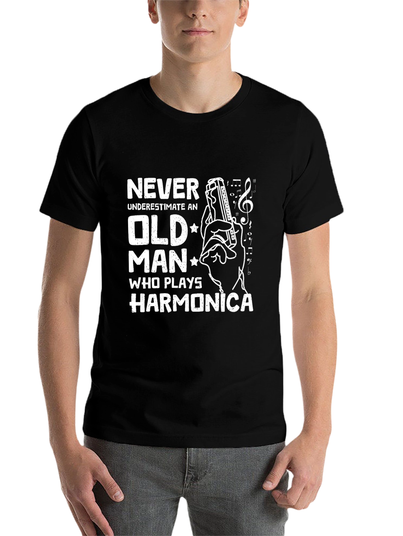 Black Never Underestimate Old Man Harmonica T-Shirt view 7