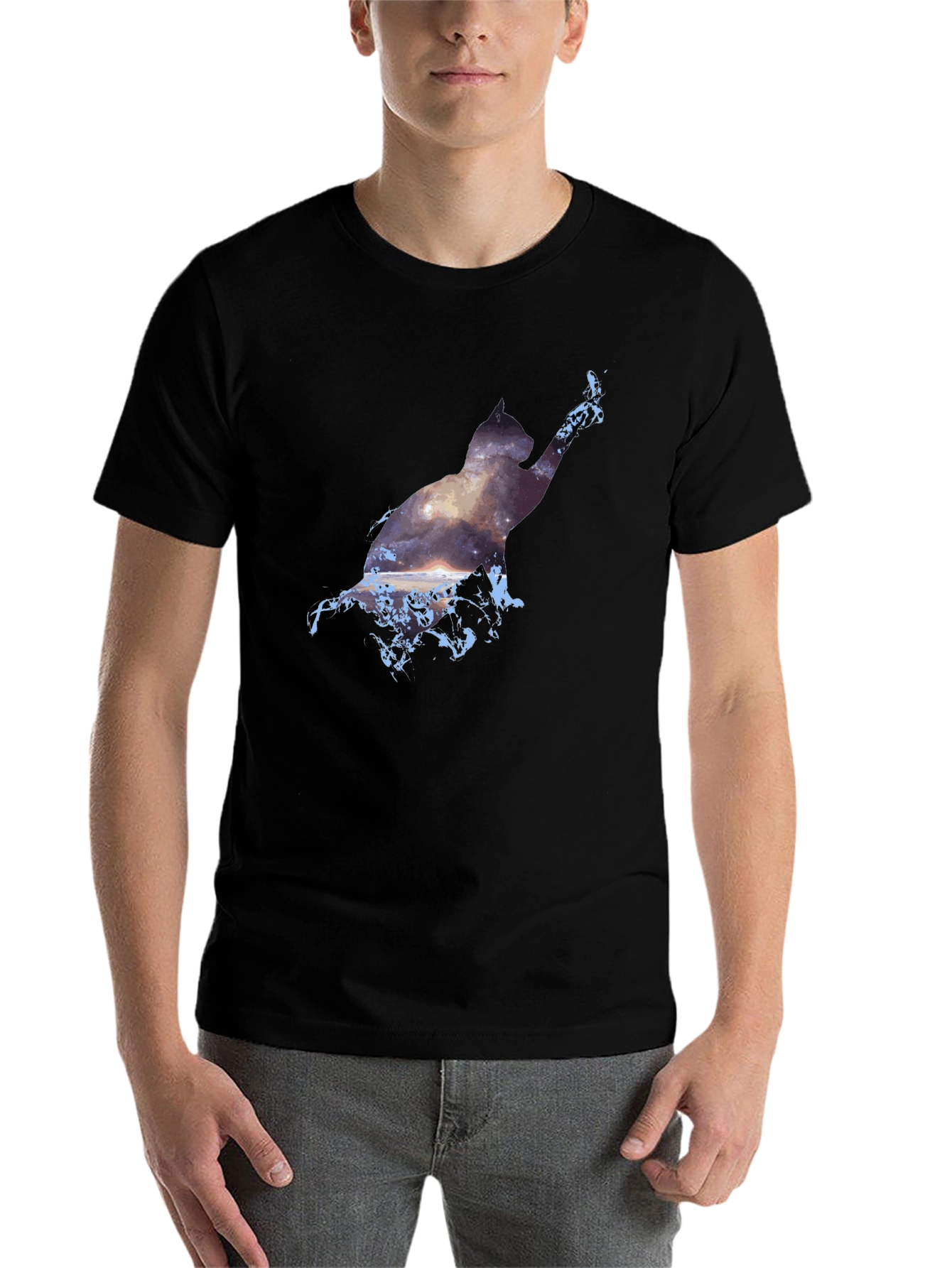 Black Cosmic Cat Black T-Shirt - Galaxy Silhouette view 7