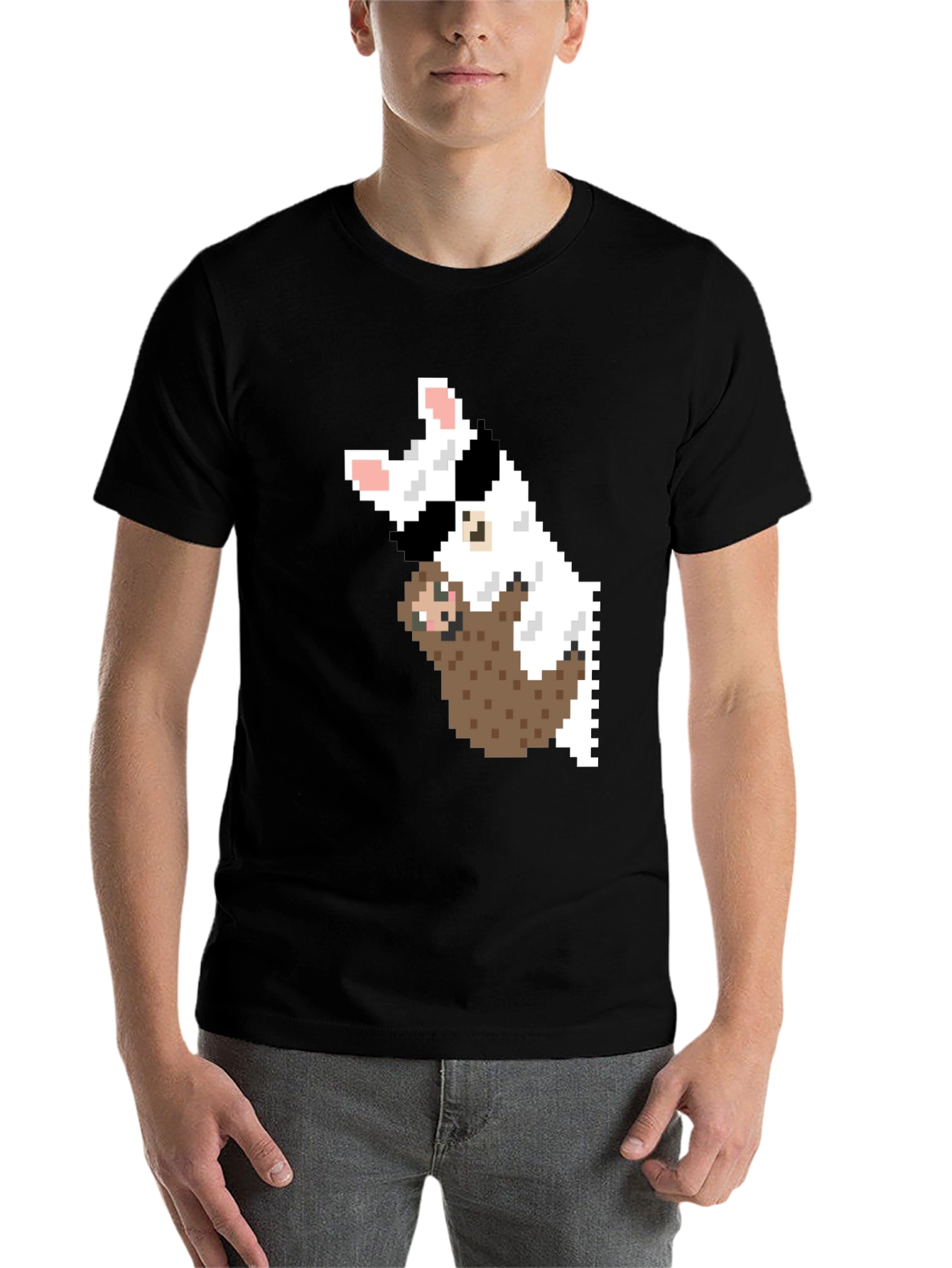 Black Pixel Art Sloth & Dog Graphic T-Shirt view 7