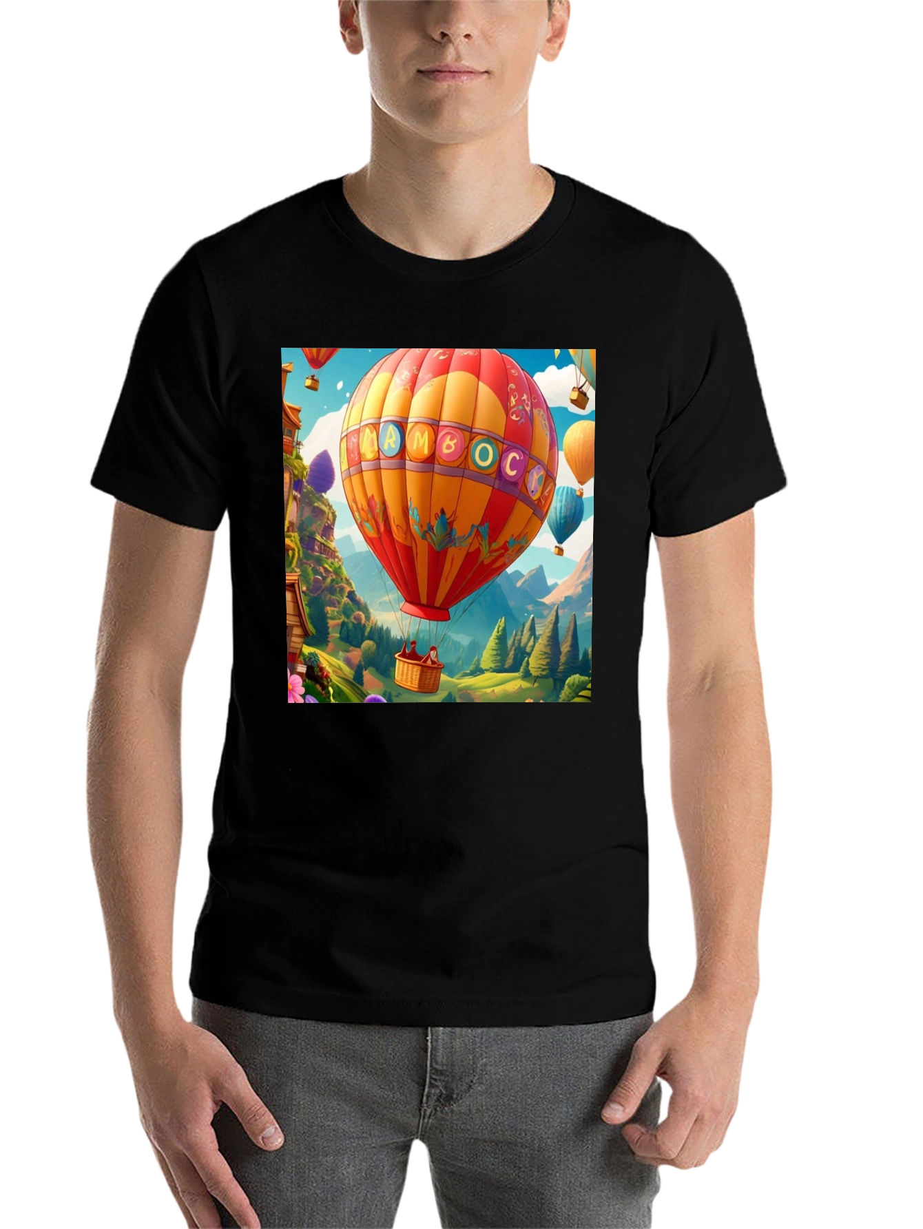Black Cartoon Hot Air Balloon Graphic Tee view 7