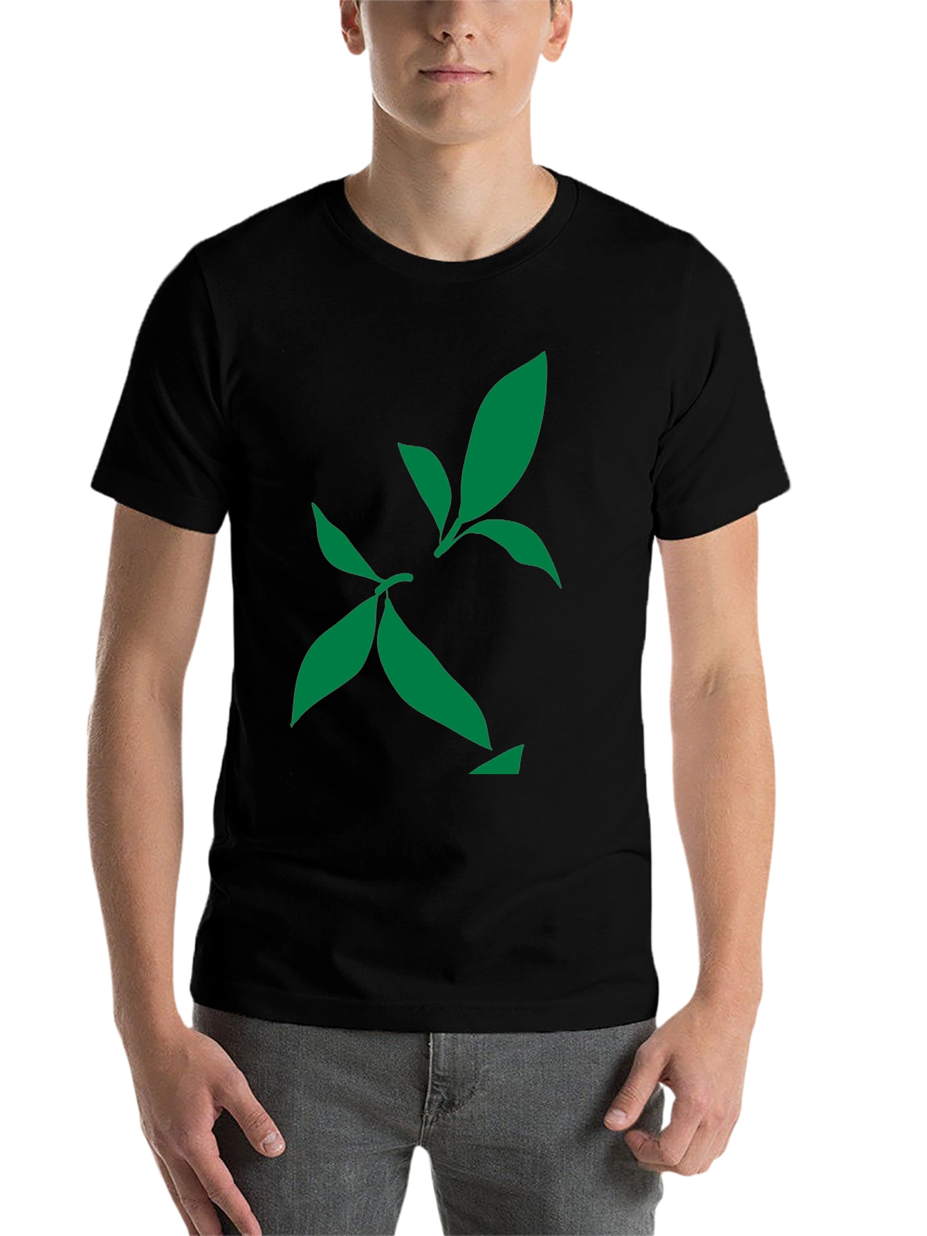 Black Green Leaf Design Black T-Shirt view 7