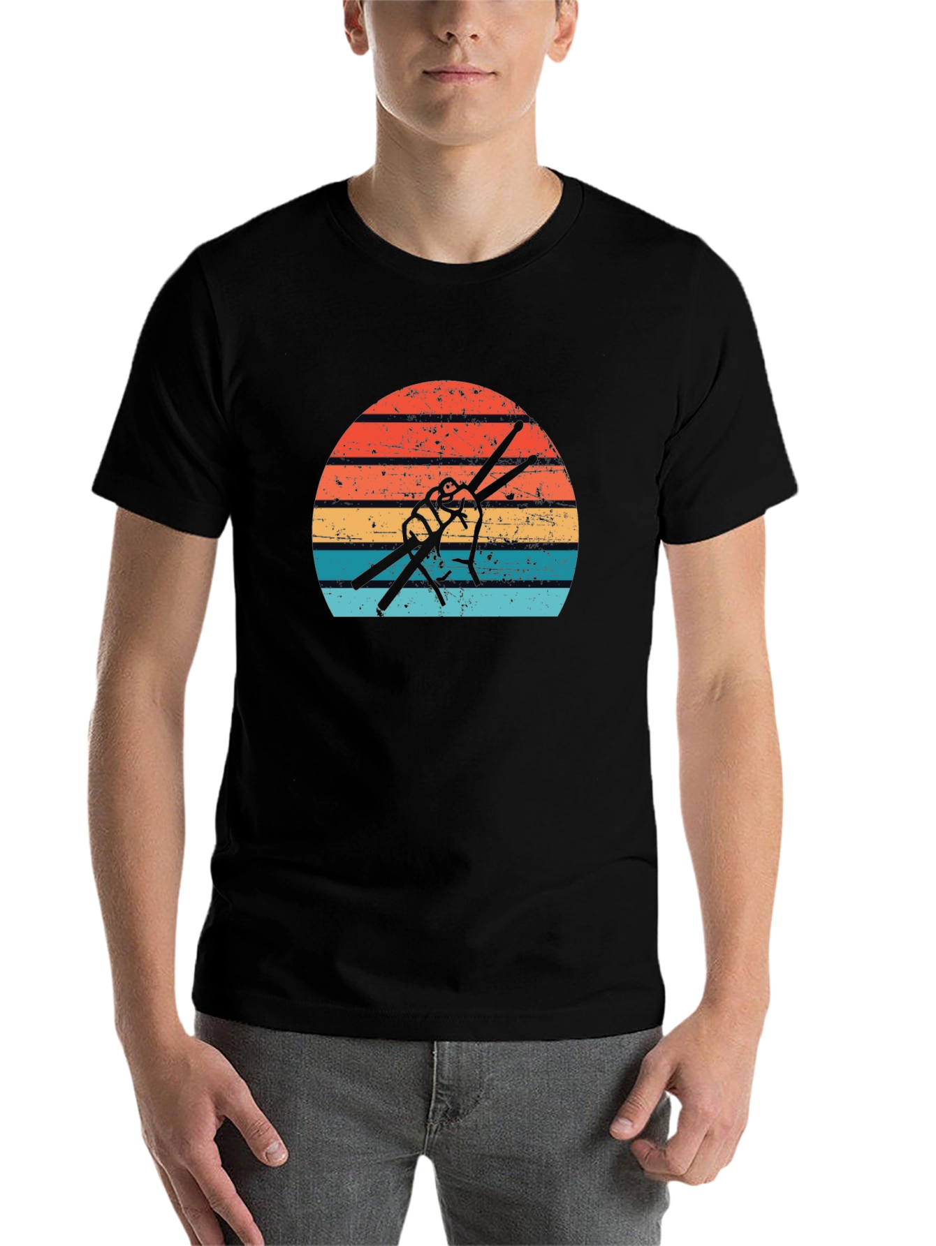 Black Retro Drummer T-Shirt - Vintage Drum Sticks Sunset Design view 7