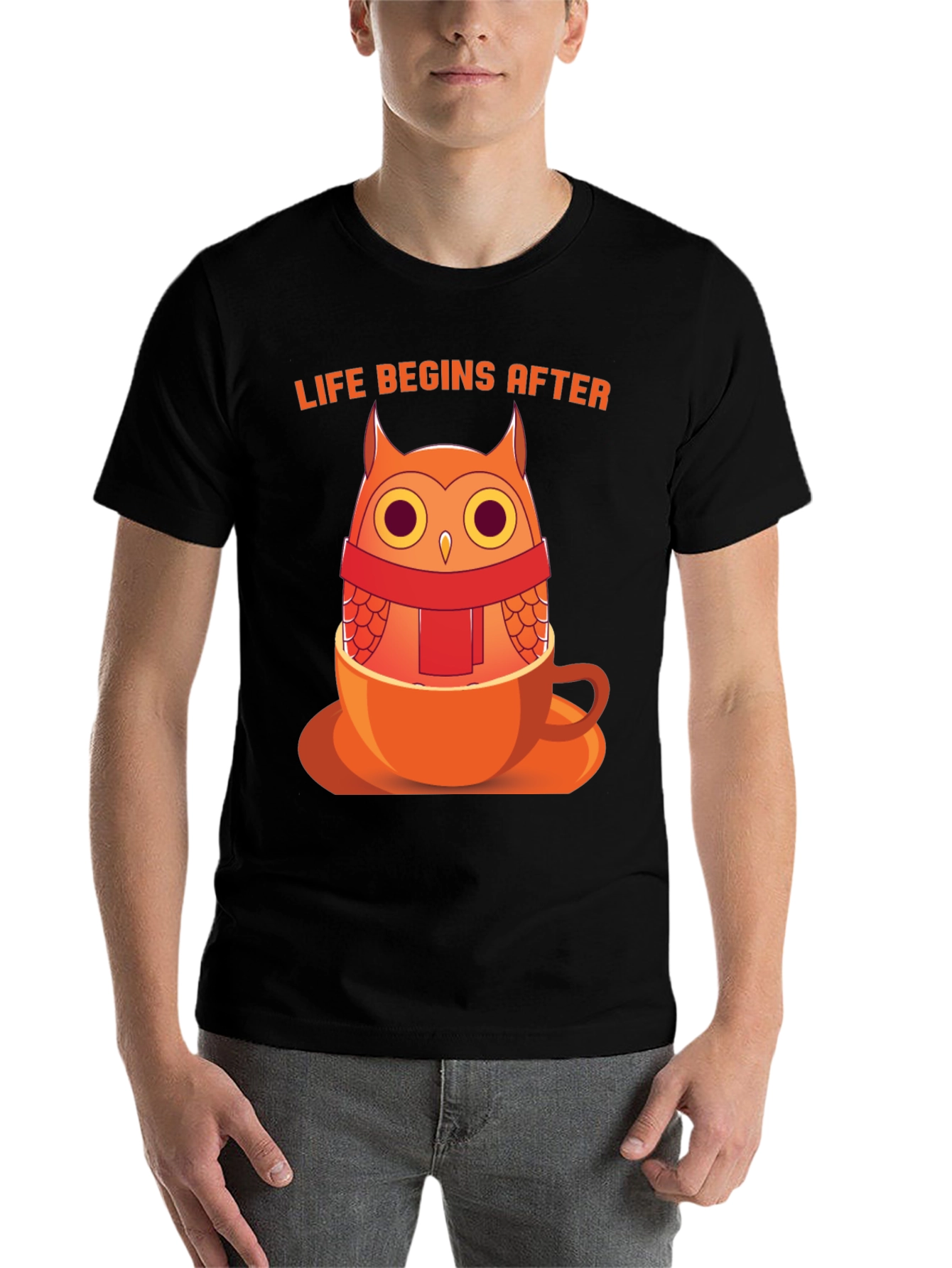 Black Owl in a Cup T-Shirt - "Life Begins After" Design view 7