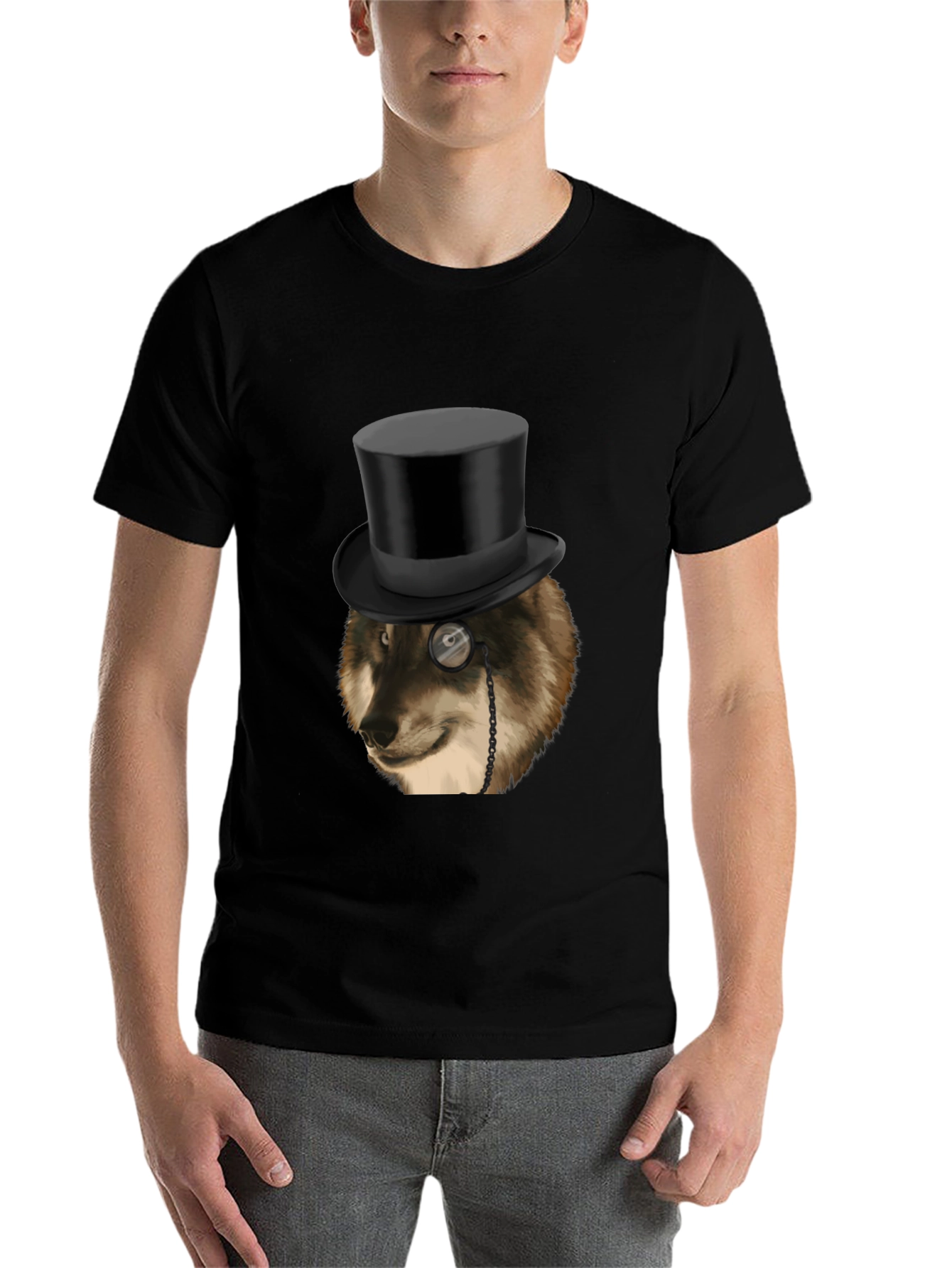 Black Wolf Top Hat Monocle Men's Black Graphic T-Shirt view 7