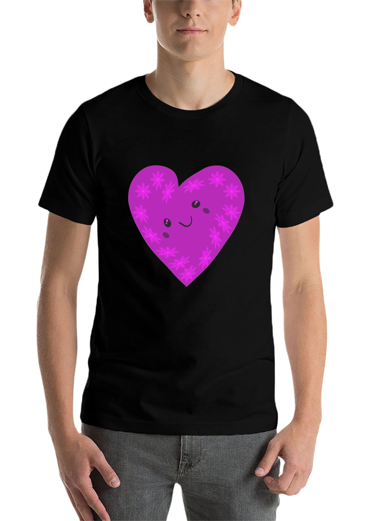 Black Cute Purple Snowflake Heart Graphic T-Shirt view 7