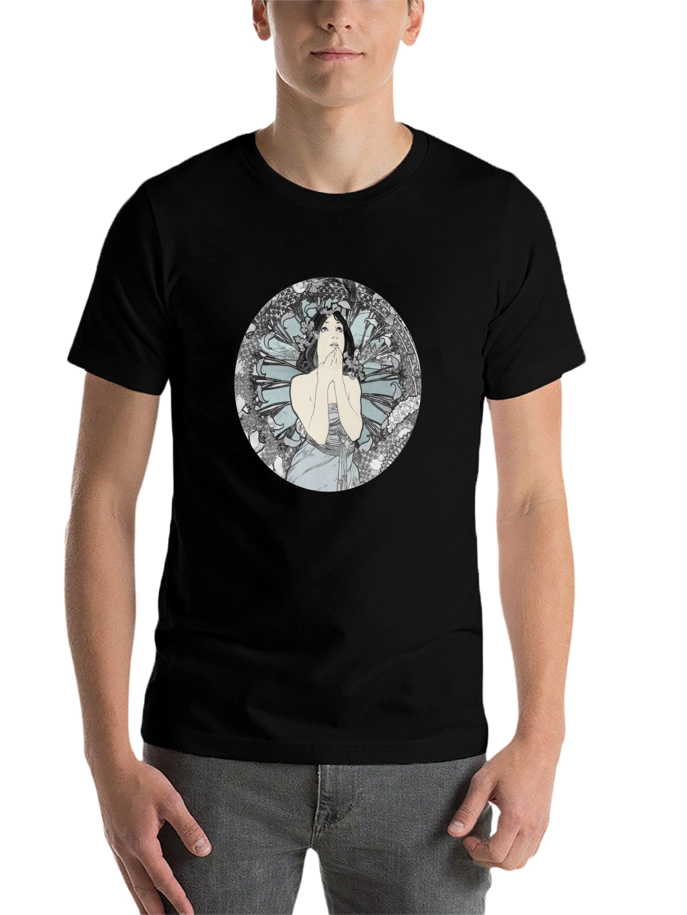 Black Art Nouveau Lady Graphic Black T-Shirt view 7