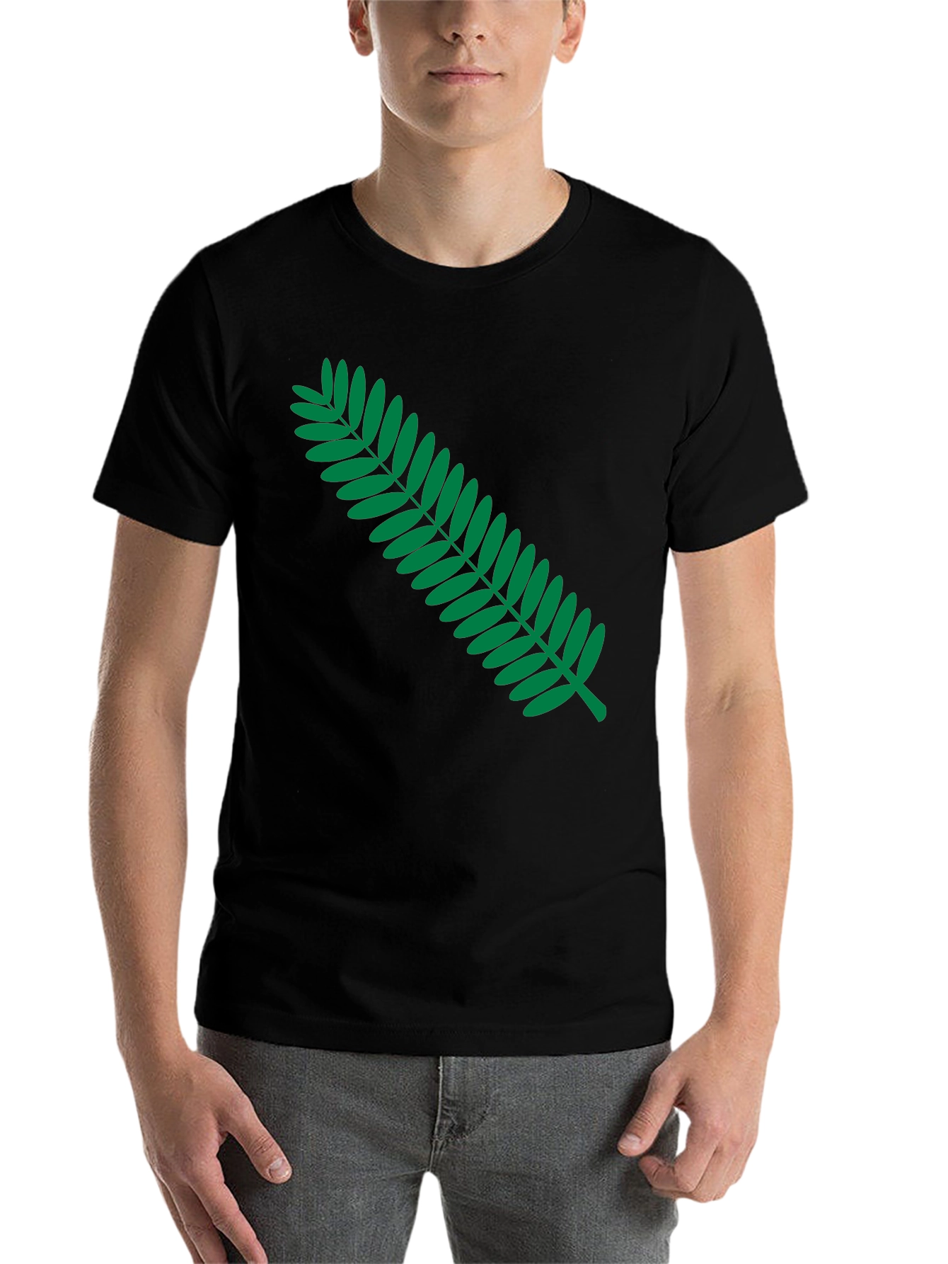Black Black T-Shirt with Green Fern Graphic Print view 7