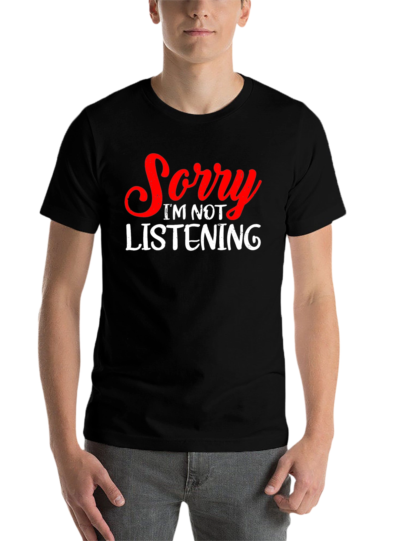 Black Funny "Sorry I'm Not Listening" Graphic T-Shirt view 7