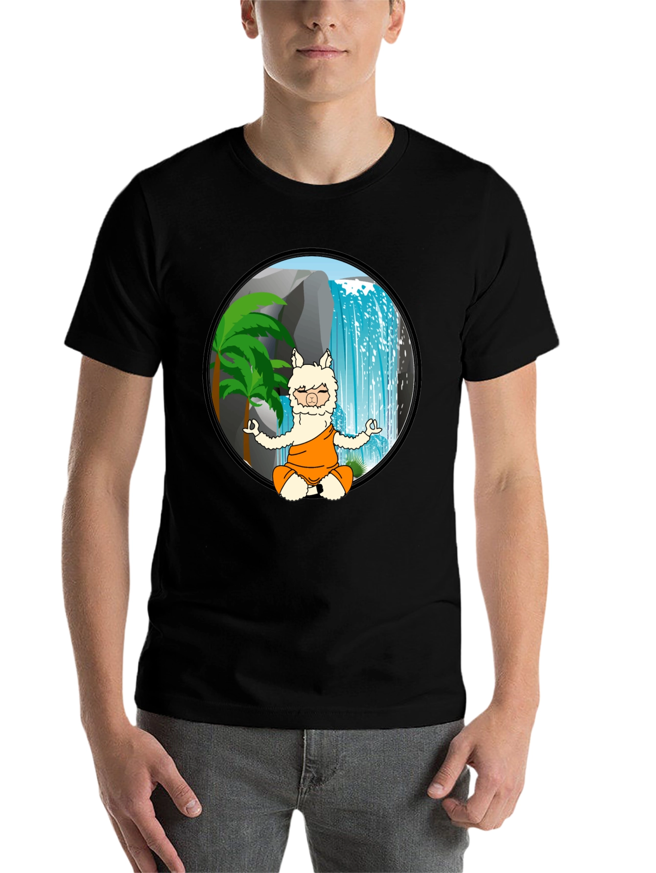 Black Zen Llama T-Shirt - Meditating Alpaca Design view 7