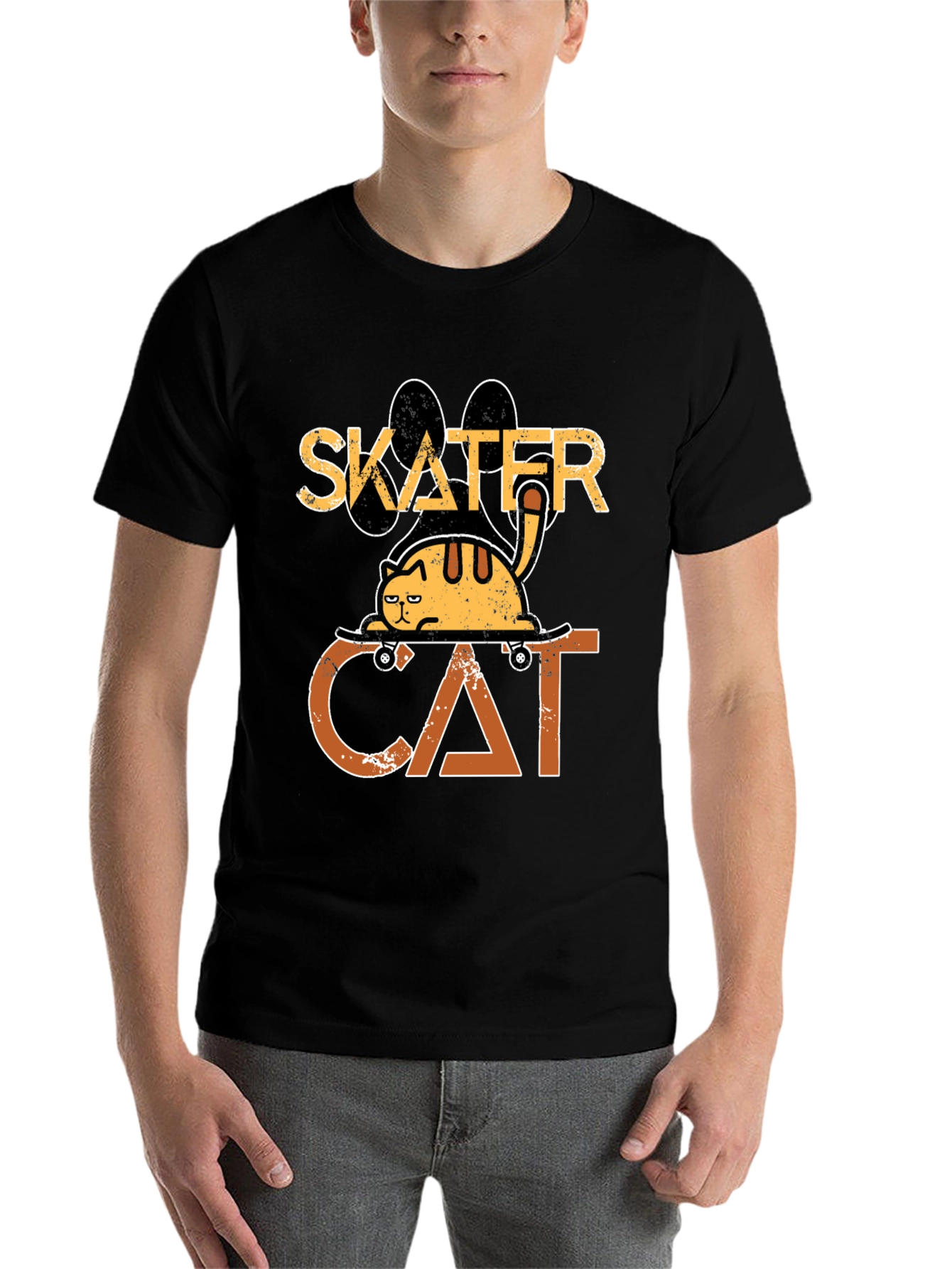 Black Skater Cat Graphic Tee - Cool & Funny Cat T-Shirt view 7