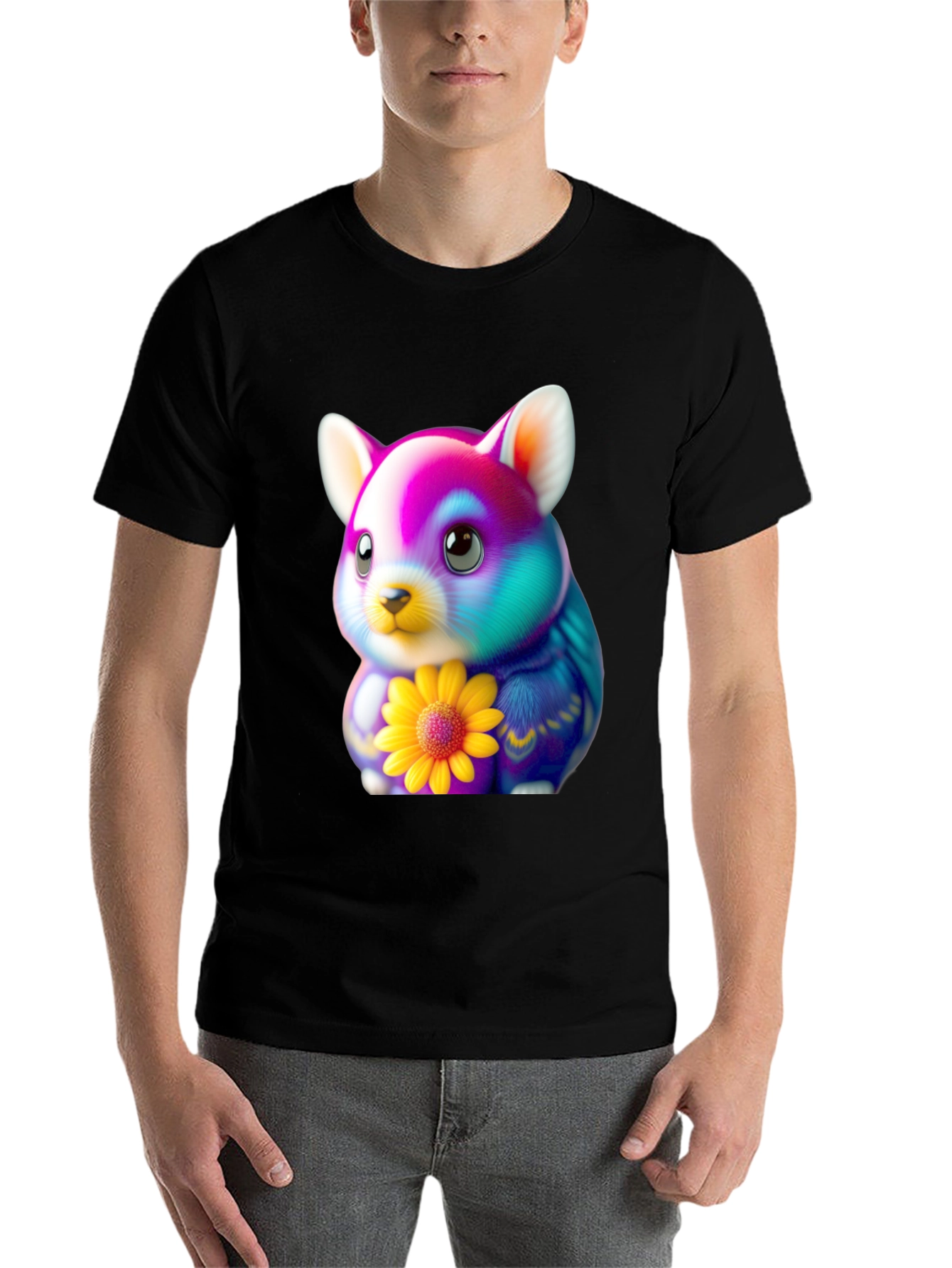 Black Cute Hamster T-Shirt with Sunflower Graphic view 7