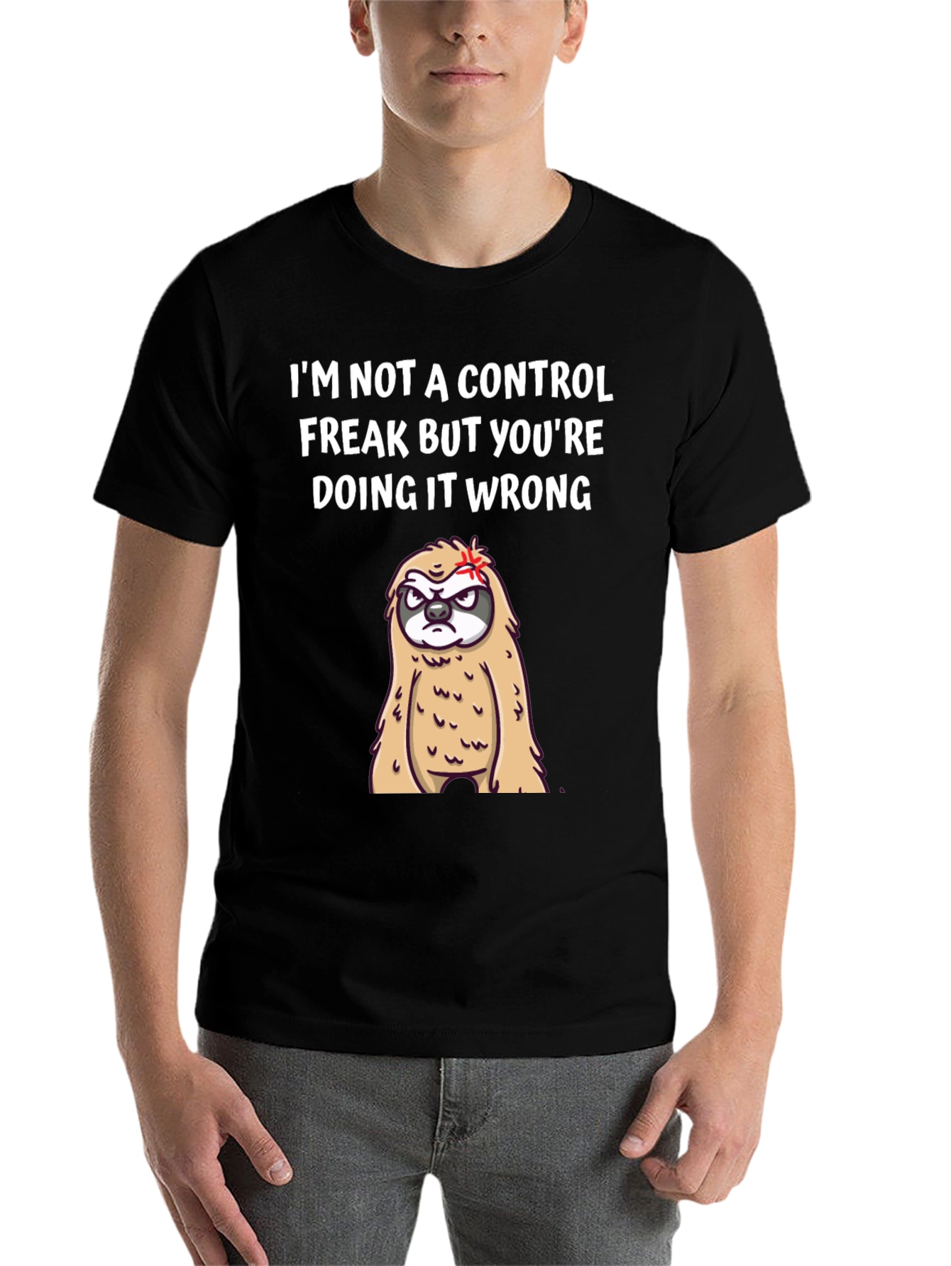 Black Control Freak Sloth Graphic T-Shirt - Funny Slogan Tee view 7