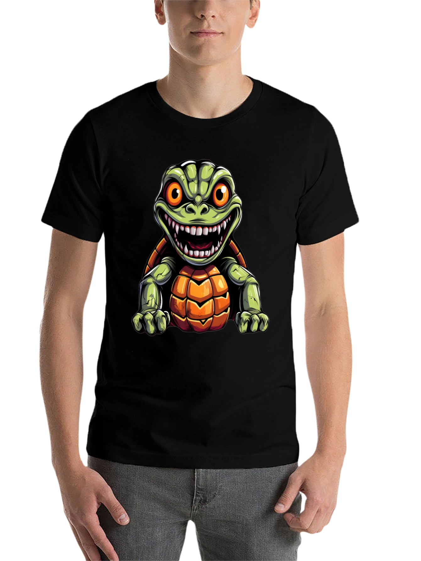 Black Men's Black T-Shirt with Cartoon Turtle Graphic view 7