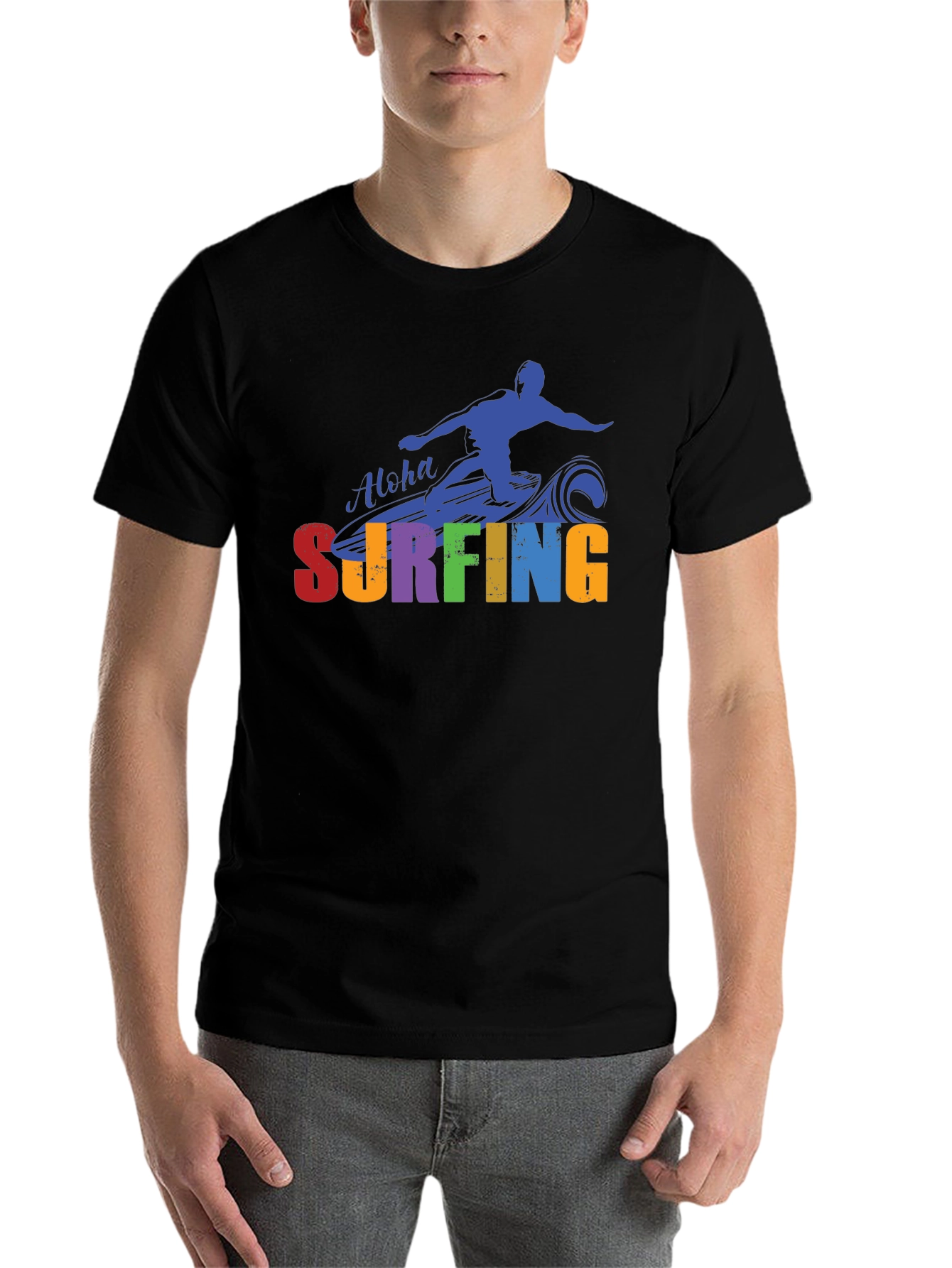 Black Aloha Surfing Graphic Tee - Black Cotton T-Shirt view 7