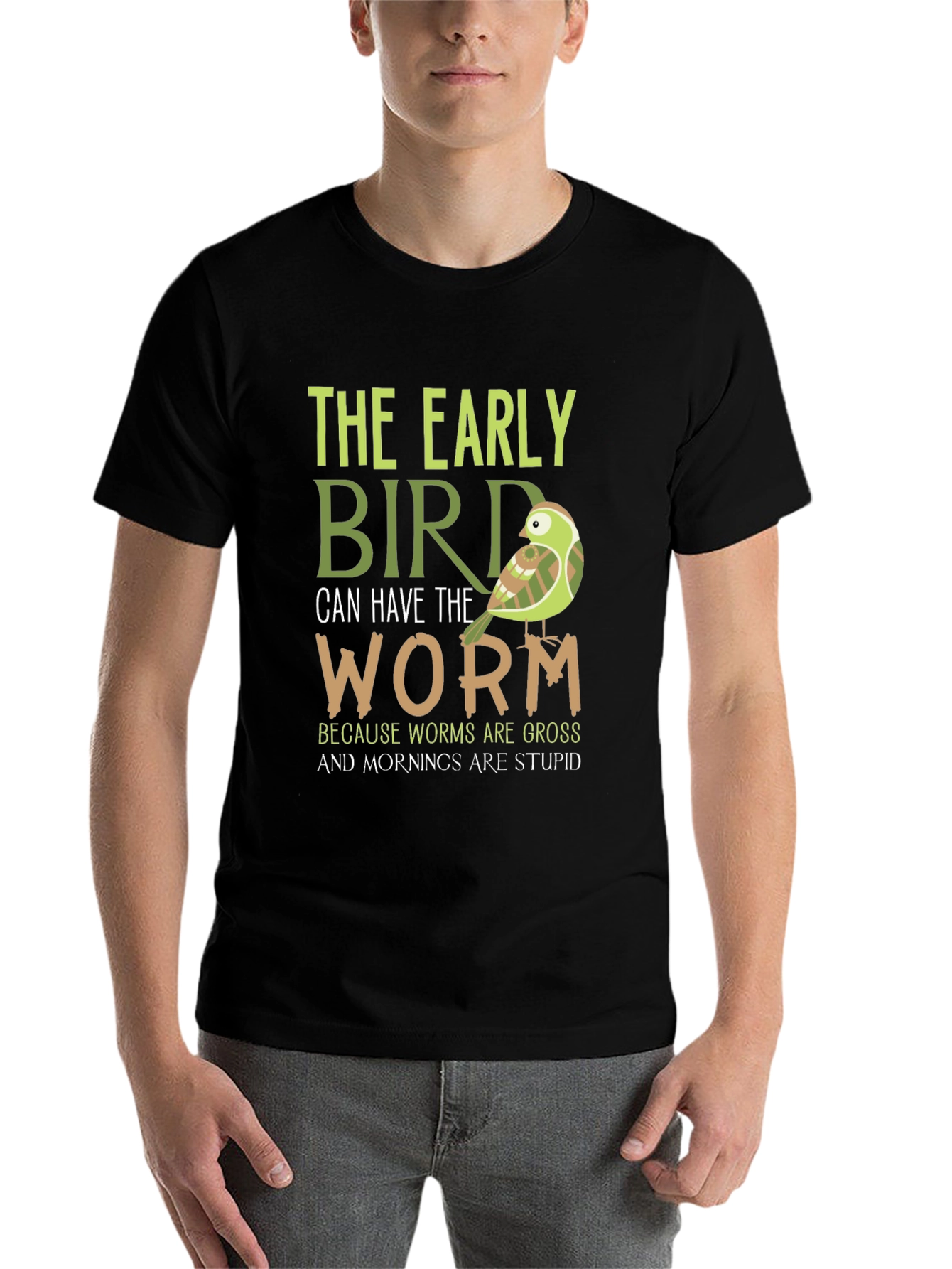 Black Early Bird Graphic Tee - Funny Bird & Worm T-Shirt view 7