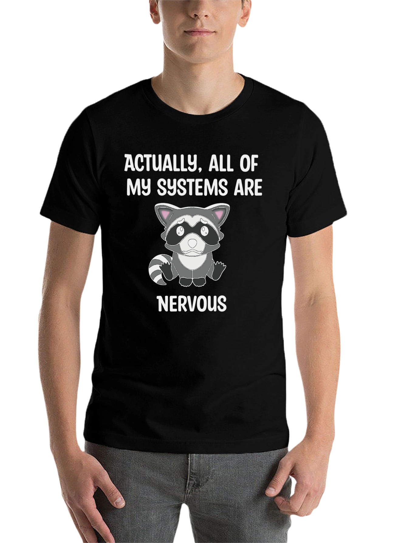 Black Nervous Raccoon Systems T-Shirt - Funny Graphic Tee view 7