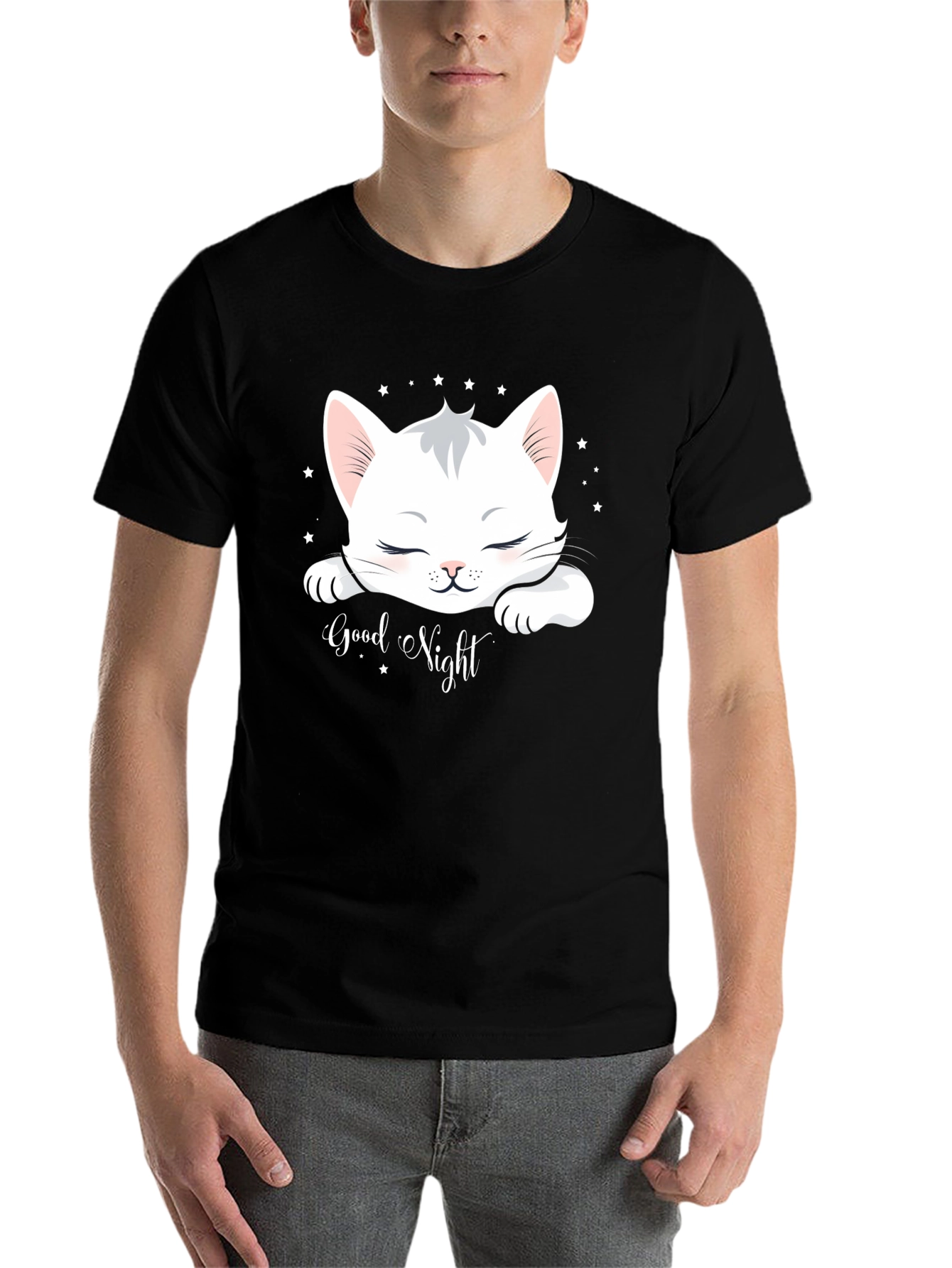 Black Cute Cat "Good Night" Black T-Shirt view 7