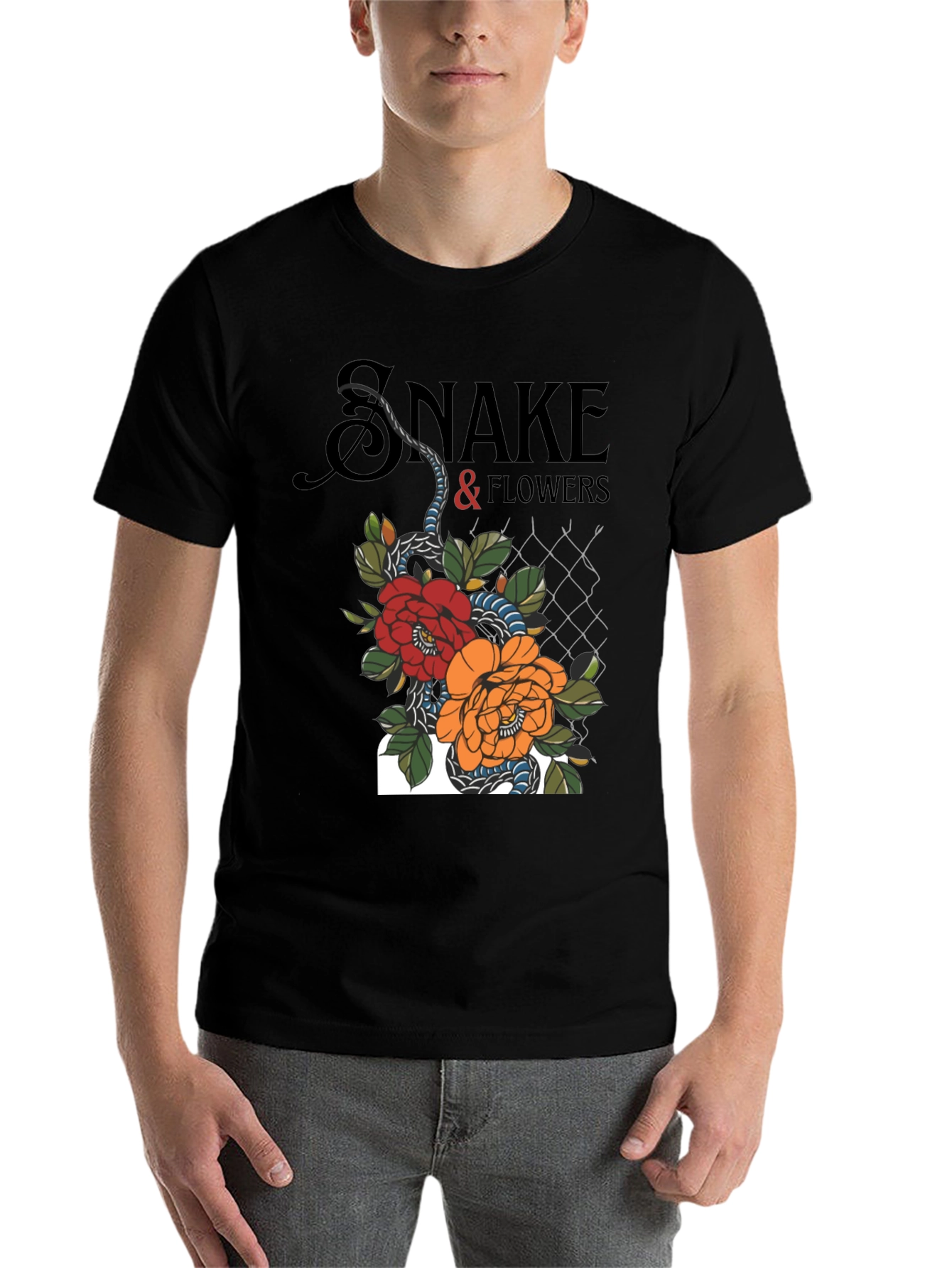 Black Snake & Flowers Graphic Tee - Black Cotton T-Shirt view 7