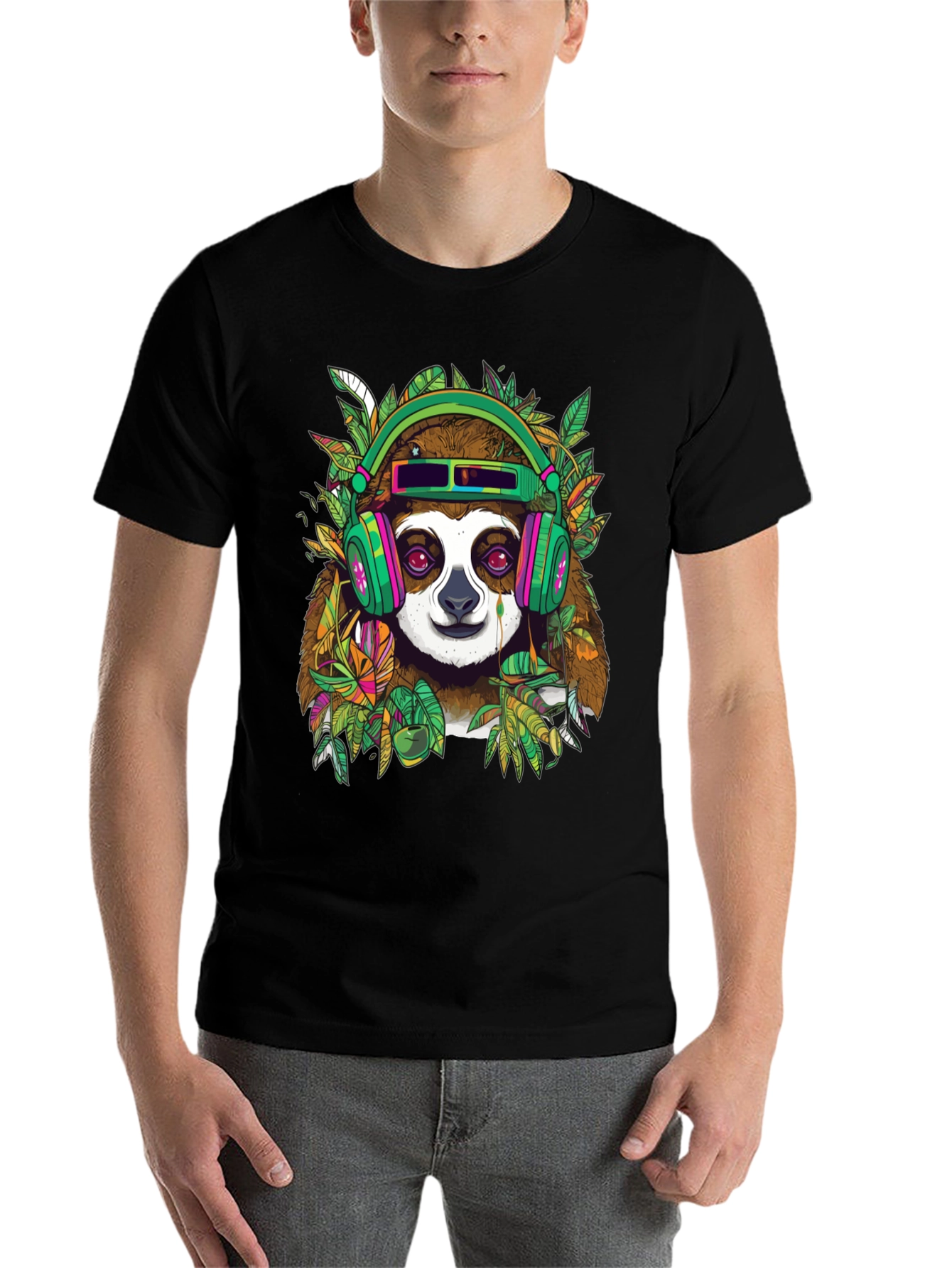 Black Sloth in Headphones Graphic Tee view 7