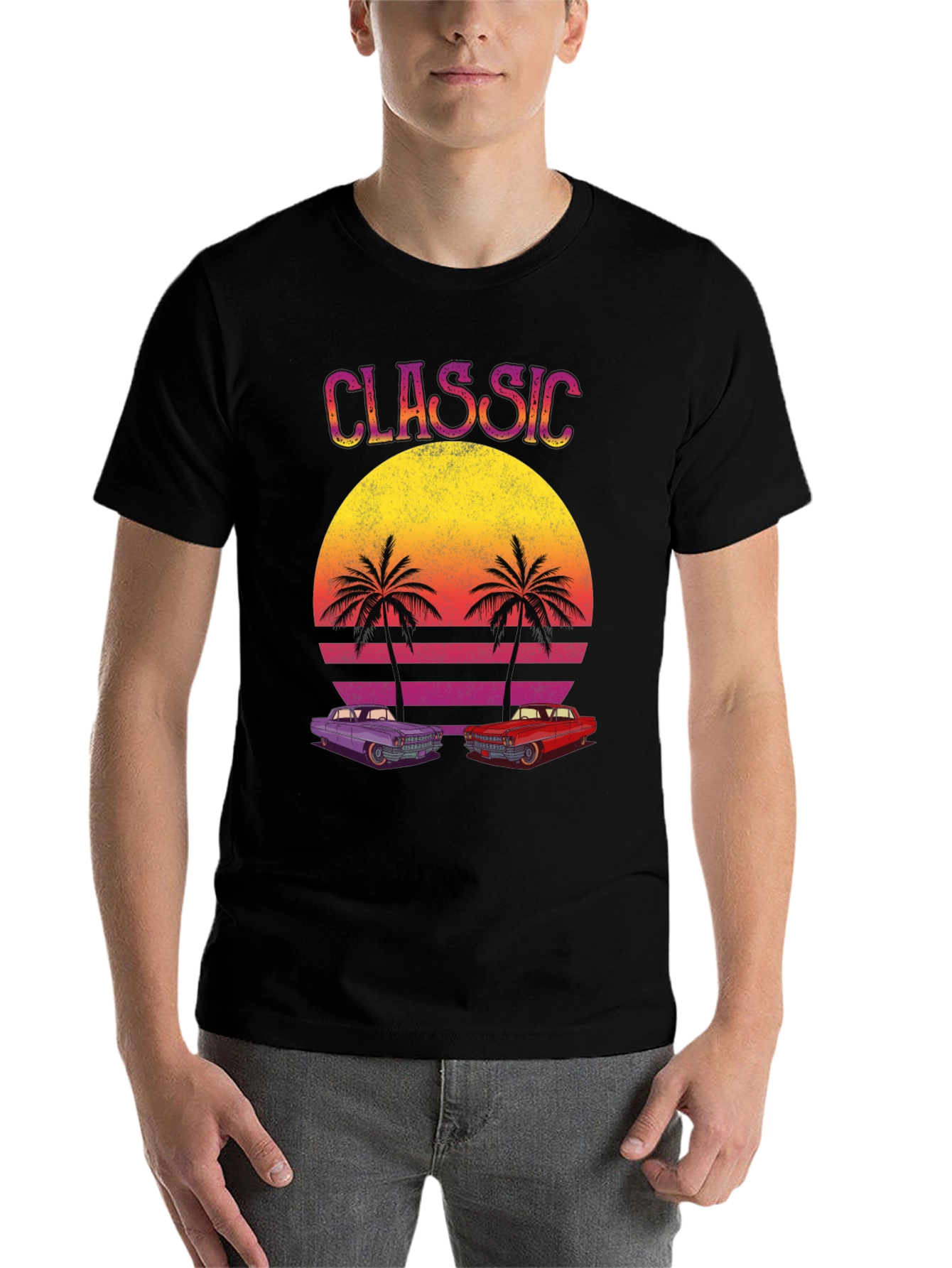 Black Classic Cars Sunset Graphic Tee view 7