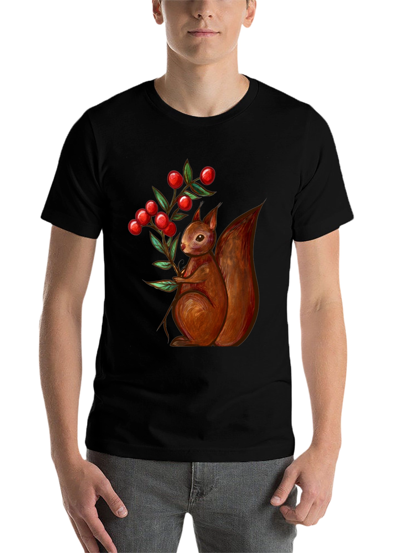 Black Squirrel & Berries Graphic Tee - Stylish Men's T-Shirt view 7