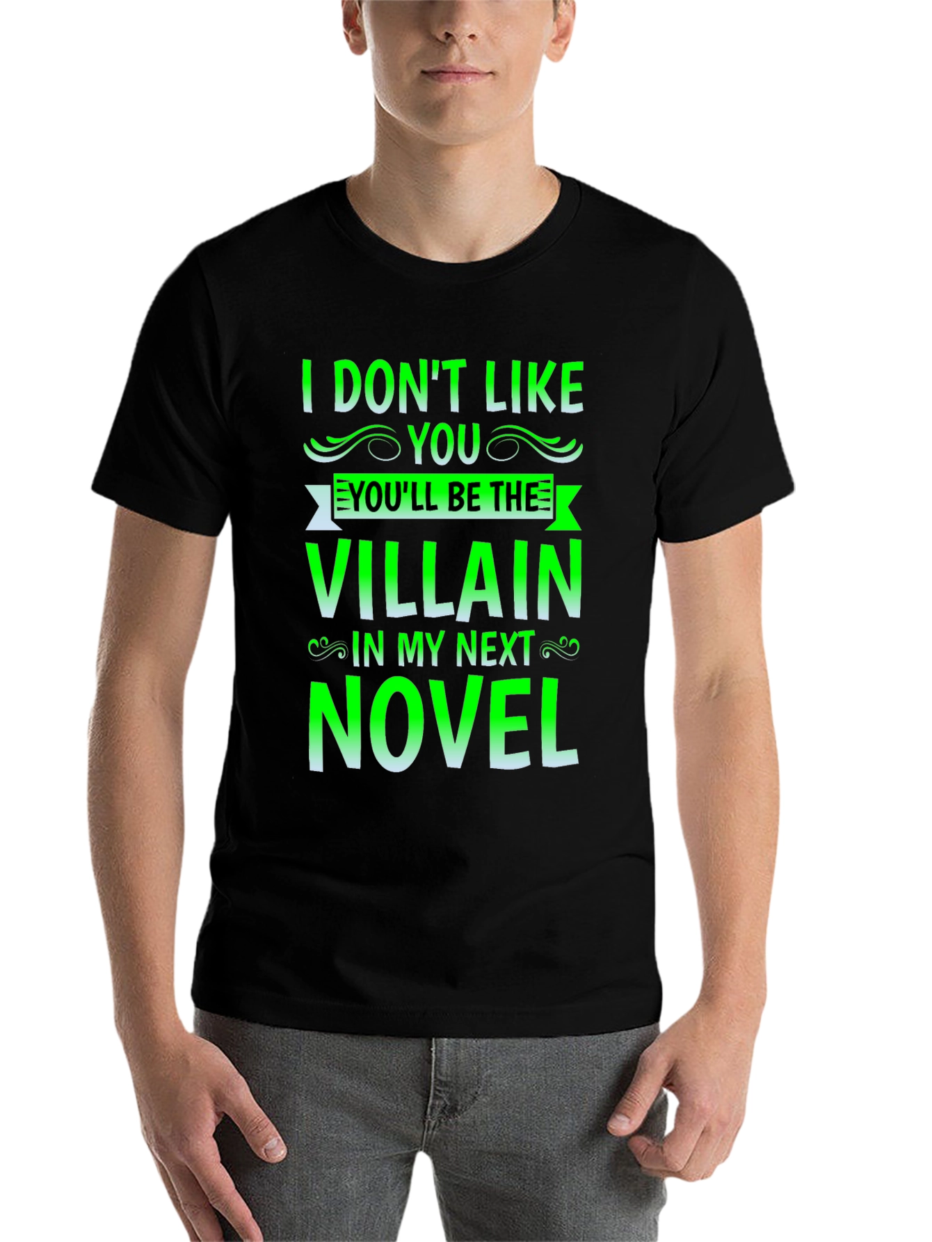 Black Villain Novel Black T-Shirt - Funny Writer Tee view 7