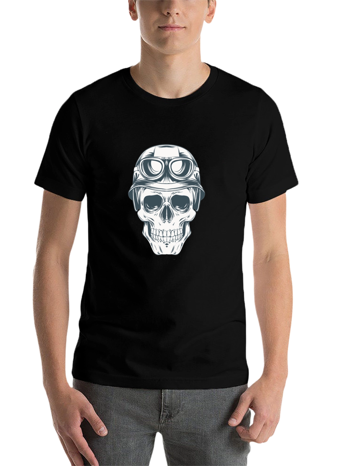 Black Skull in Helmet Graphic Tee - Black Cotton T-Shirt view 7
