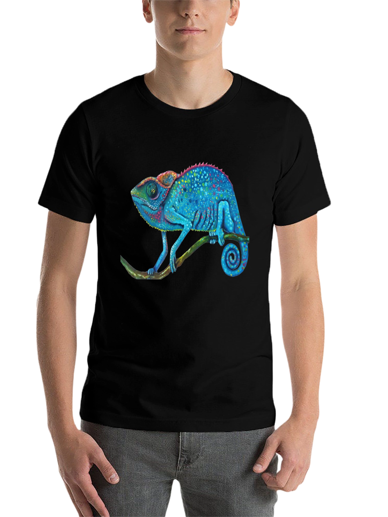 Black Blue Chameleon Graphic T-Shirt - Unique Reptile Design view 7
