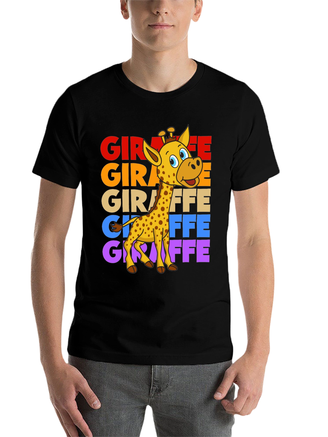 Black Giraffe Graphic Tee - Colorful Cartoon Giraffe Design view 7