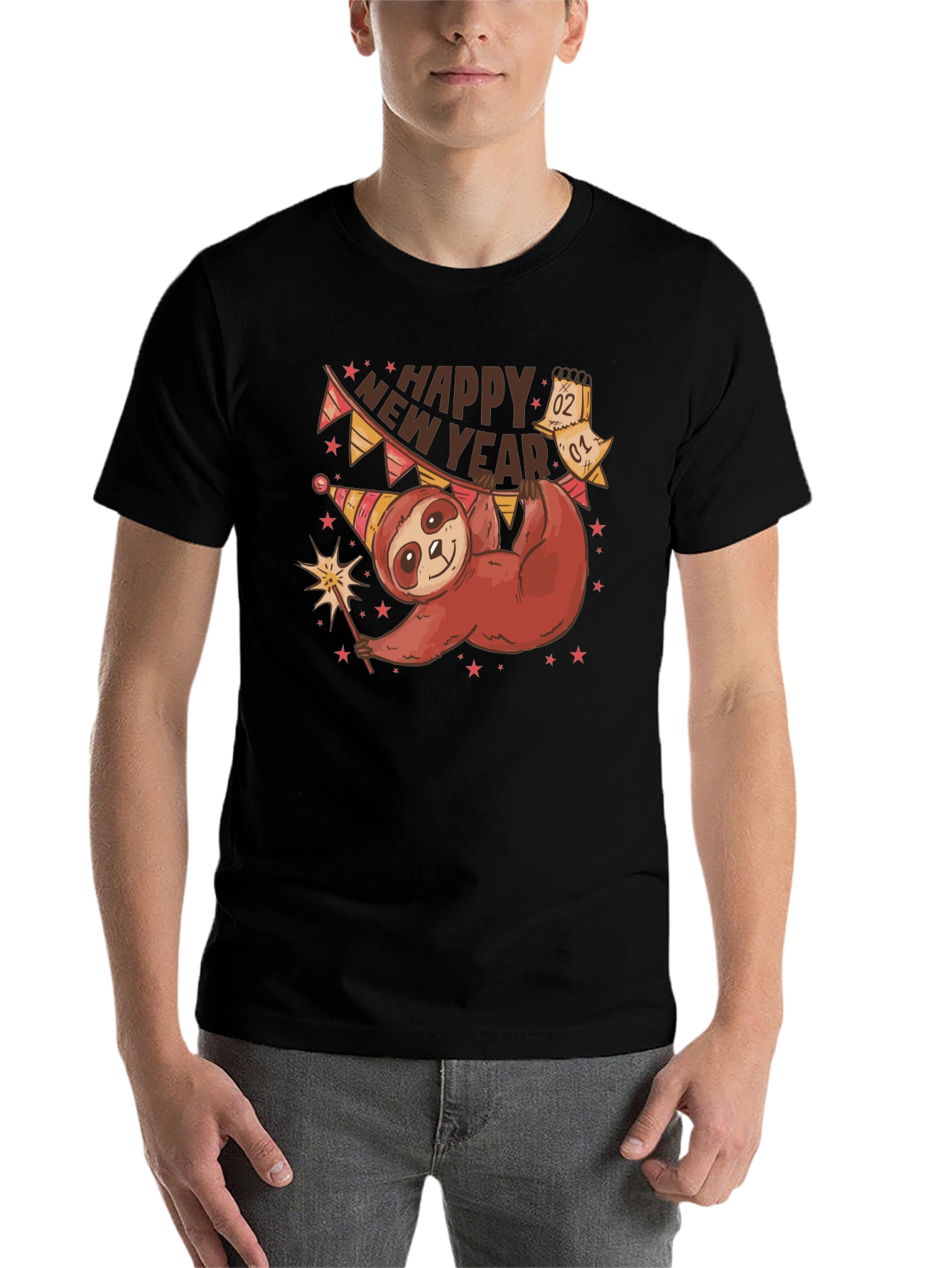 Black Happy New Year Sloth T-Shirt view 7