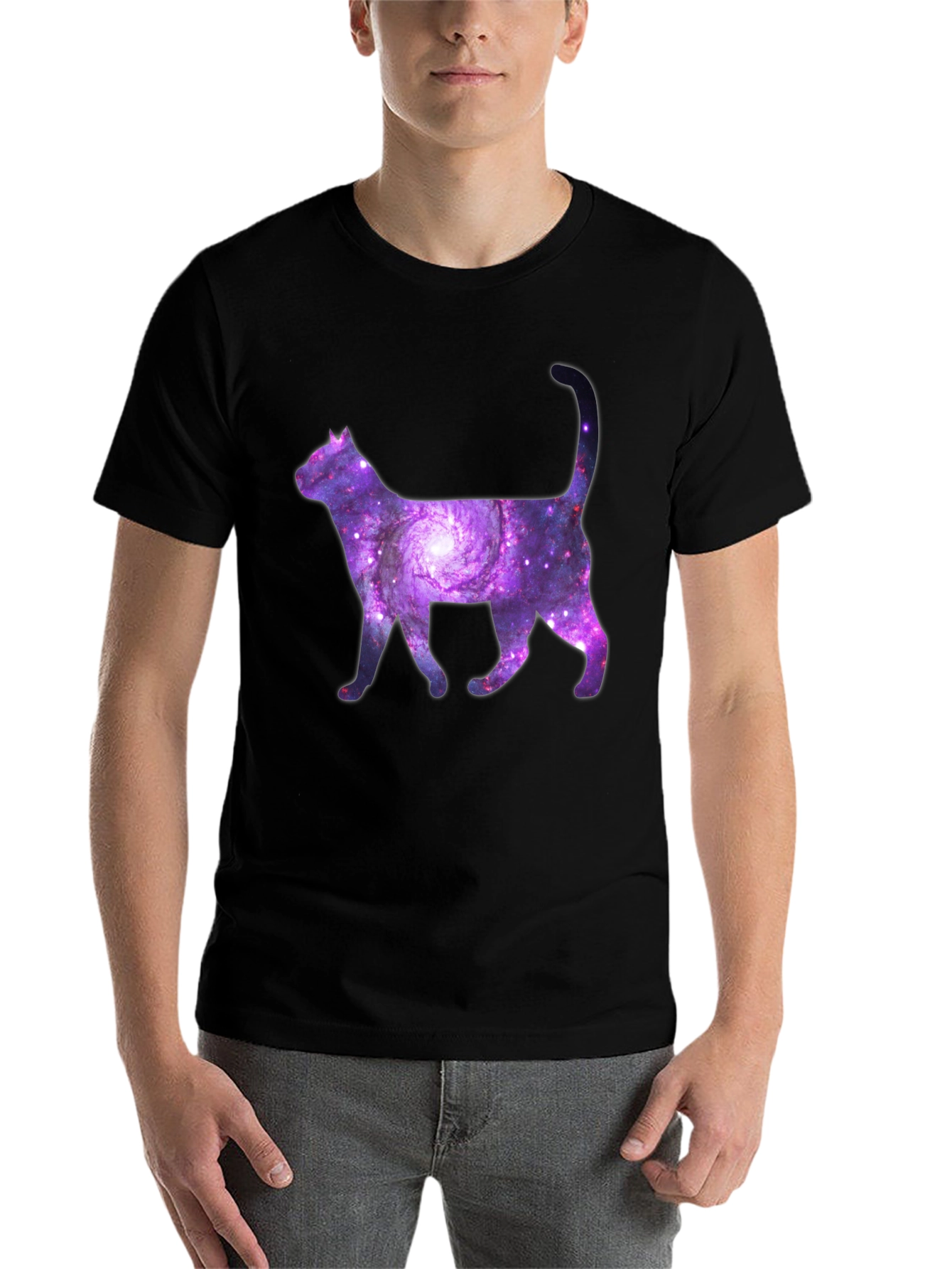 Black Galaxy Cat Graphic Tee - Trendy Space Design view 7