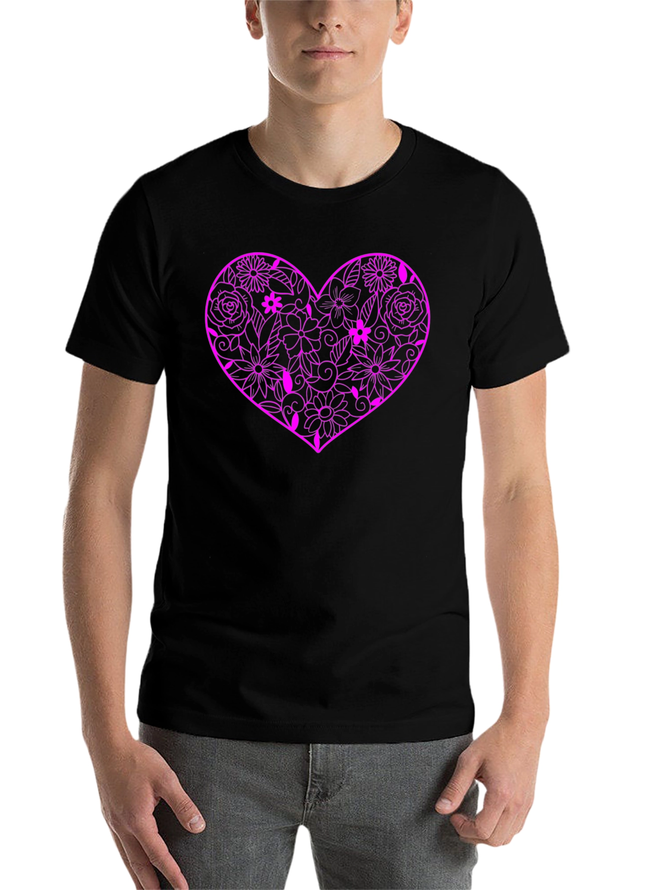 Floral Heart Graphic Black T-Shirt - 7
