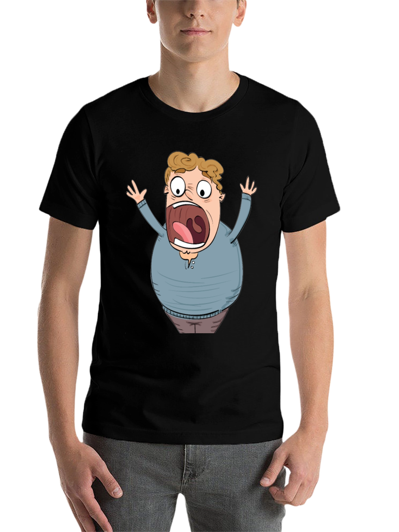 Black Cartoon Scared Man Graphic Black T-Shirt view 7