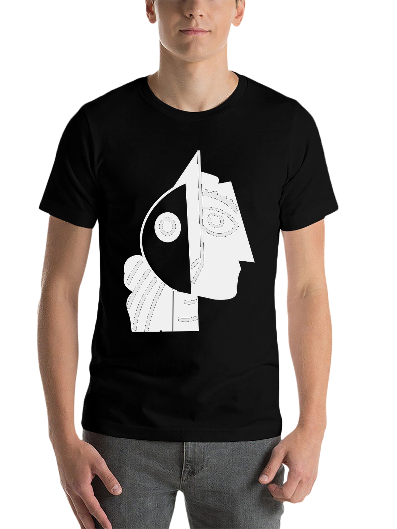 Black Abstract Portrait Graphic Tee - Modern Art Shirt view 7