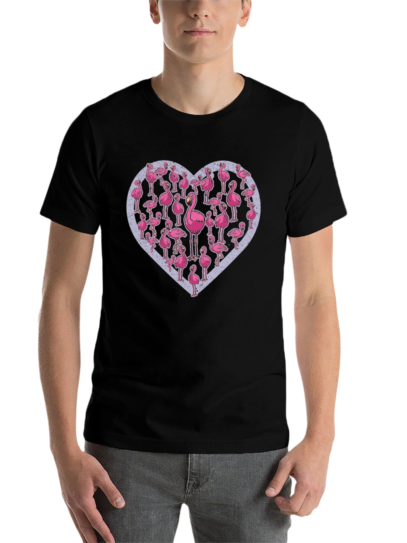 Black Flamingo Heart Graphic Tee - Casual Black T-Shirt view 7