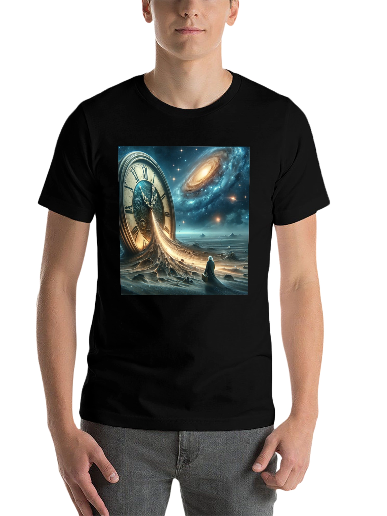 Black Time and Space Tee: Surreal Galaxy Clock Design view 7