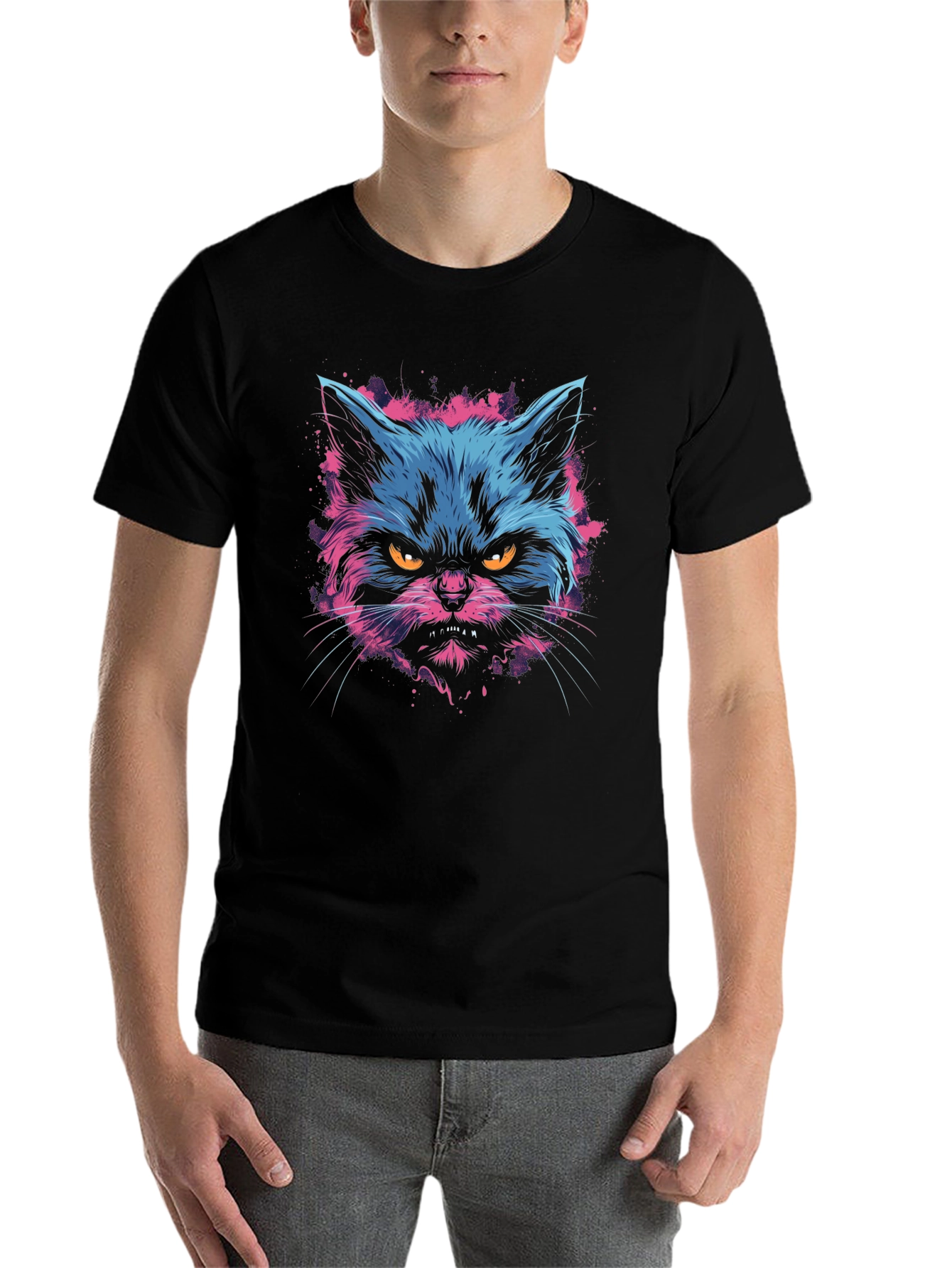 Black Neon Angry Cat Graphic Print Men's T-Shirt view 7