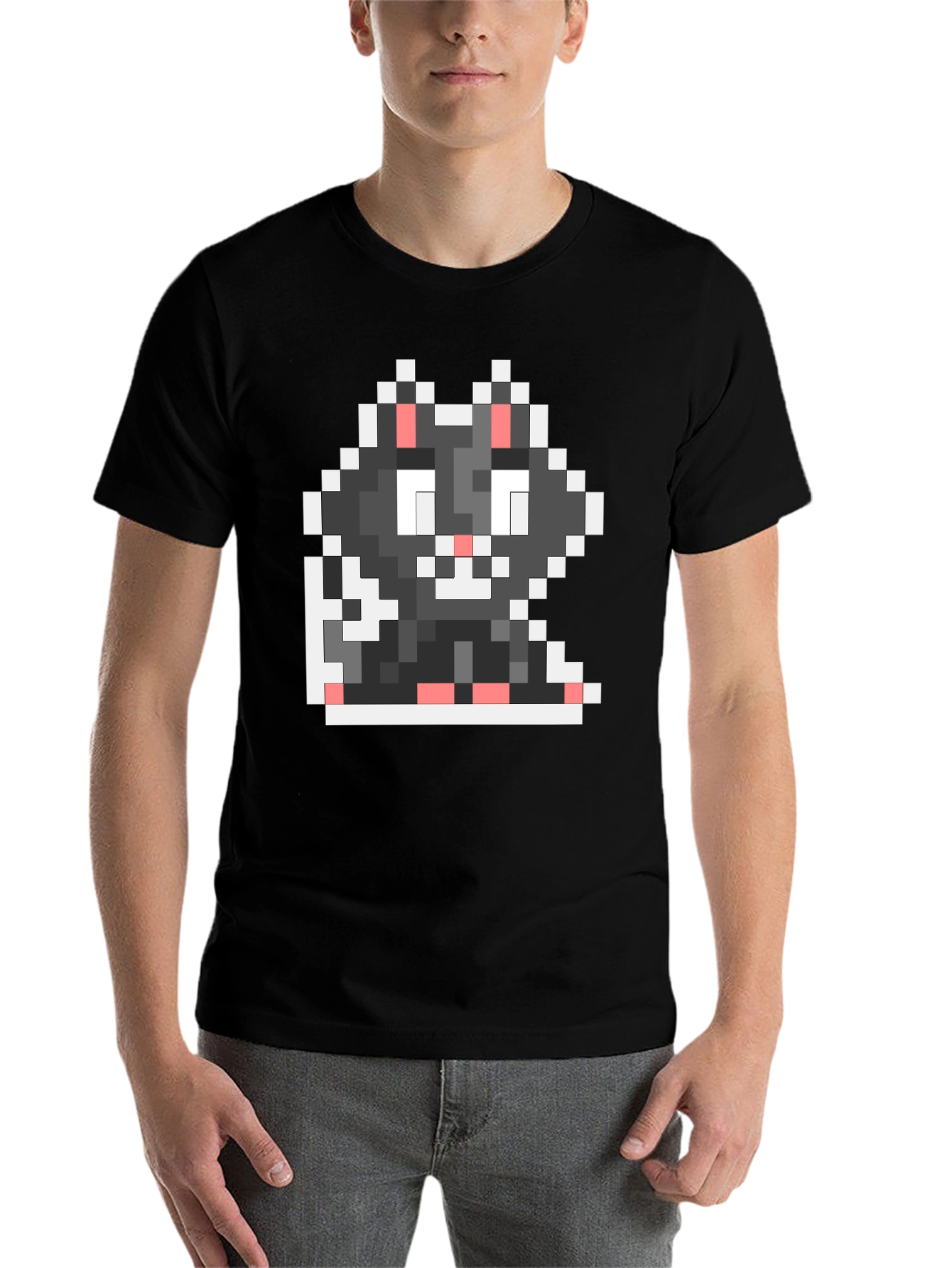 Black Pixel Cat Black T-Shirt view 7